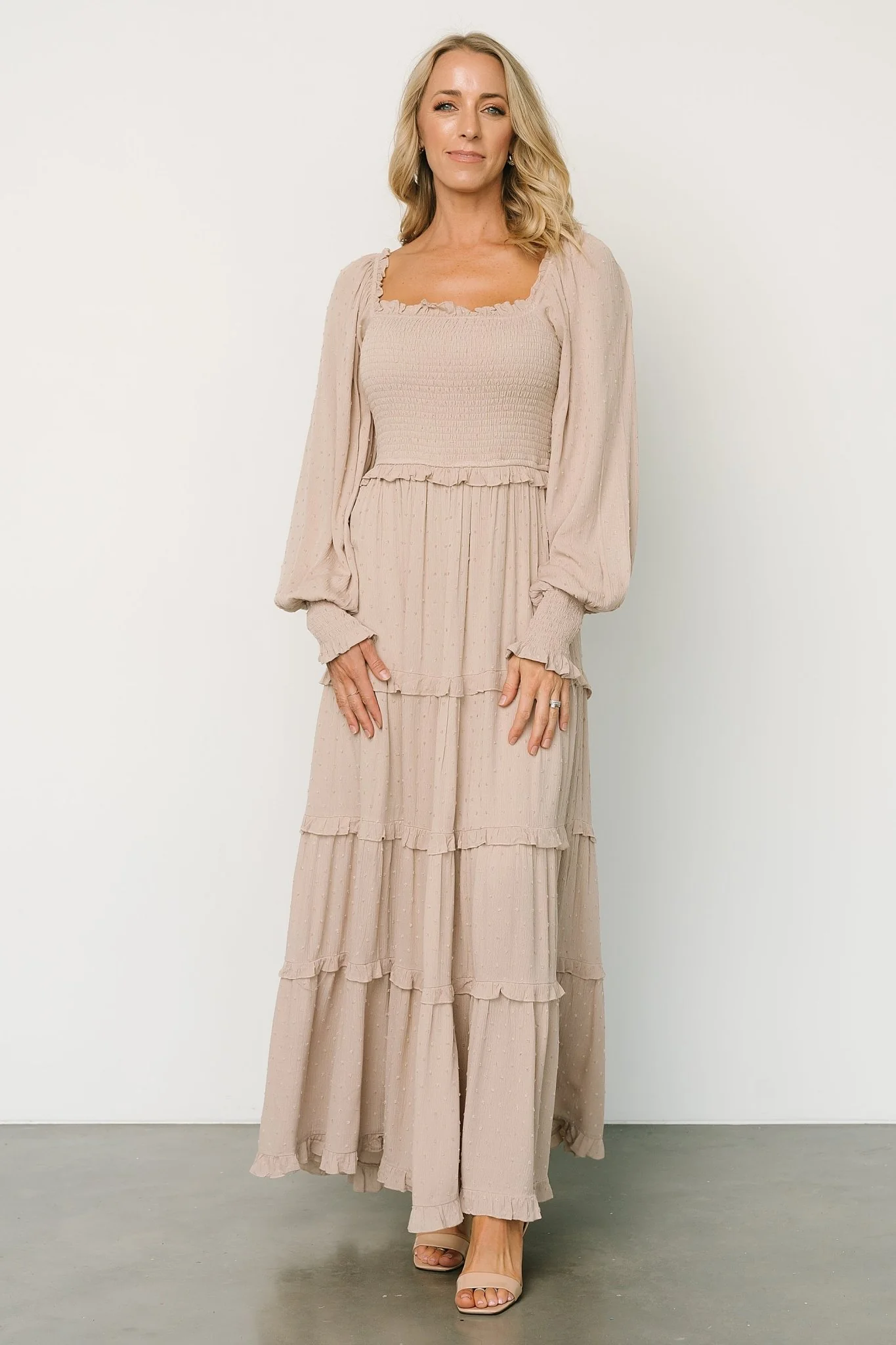 Amanda Smocked Dotted Maxi Dress | Beige