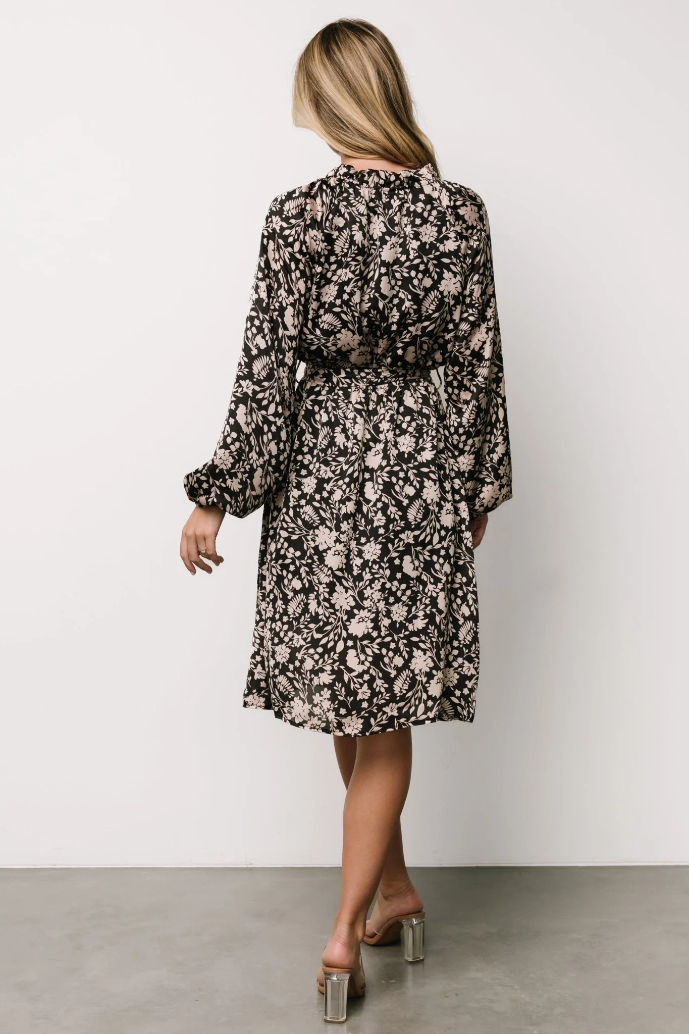 Deena Satin Dress | Black + Taupe Floral