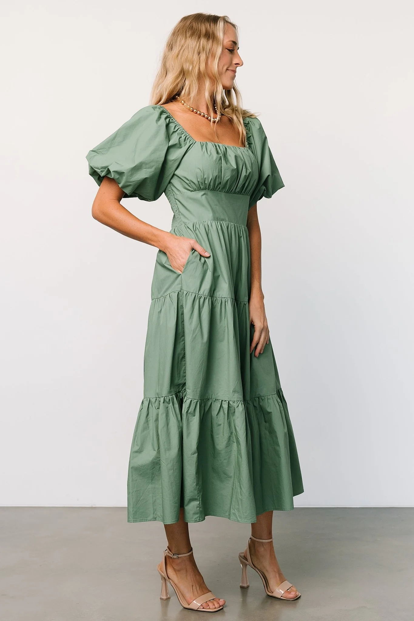 Cindy Puff Sleeve Tiered Dress | Dusty Green