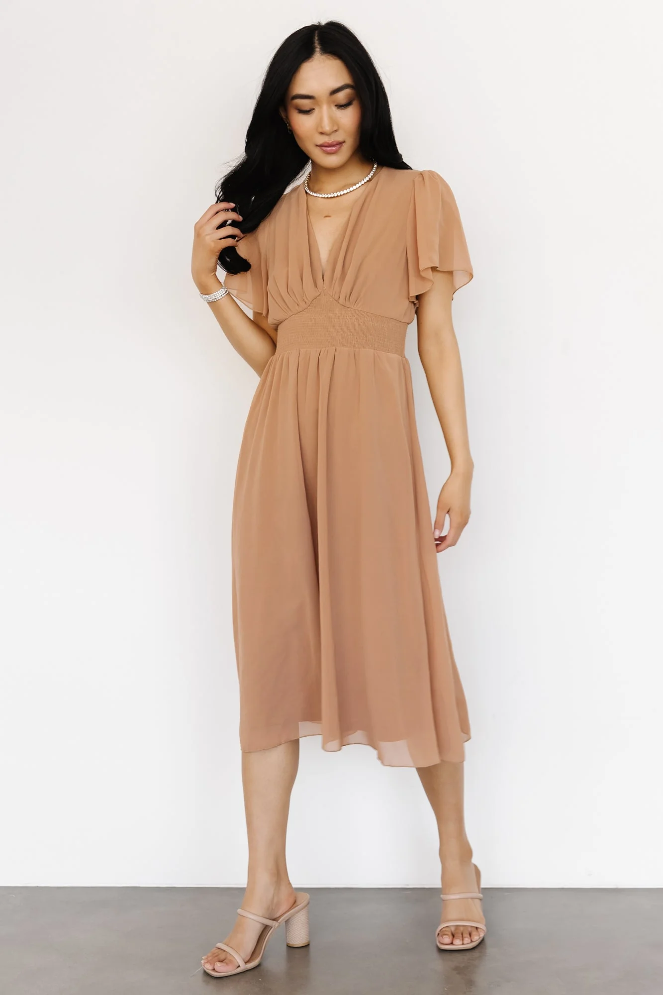 Sarah Smocked Midi Dress | Dusty Camel
