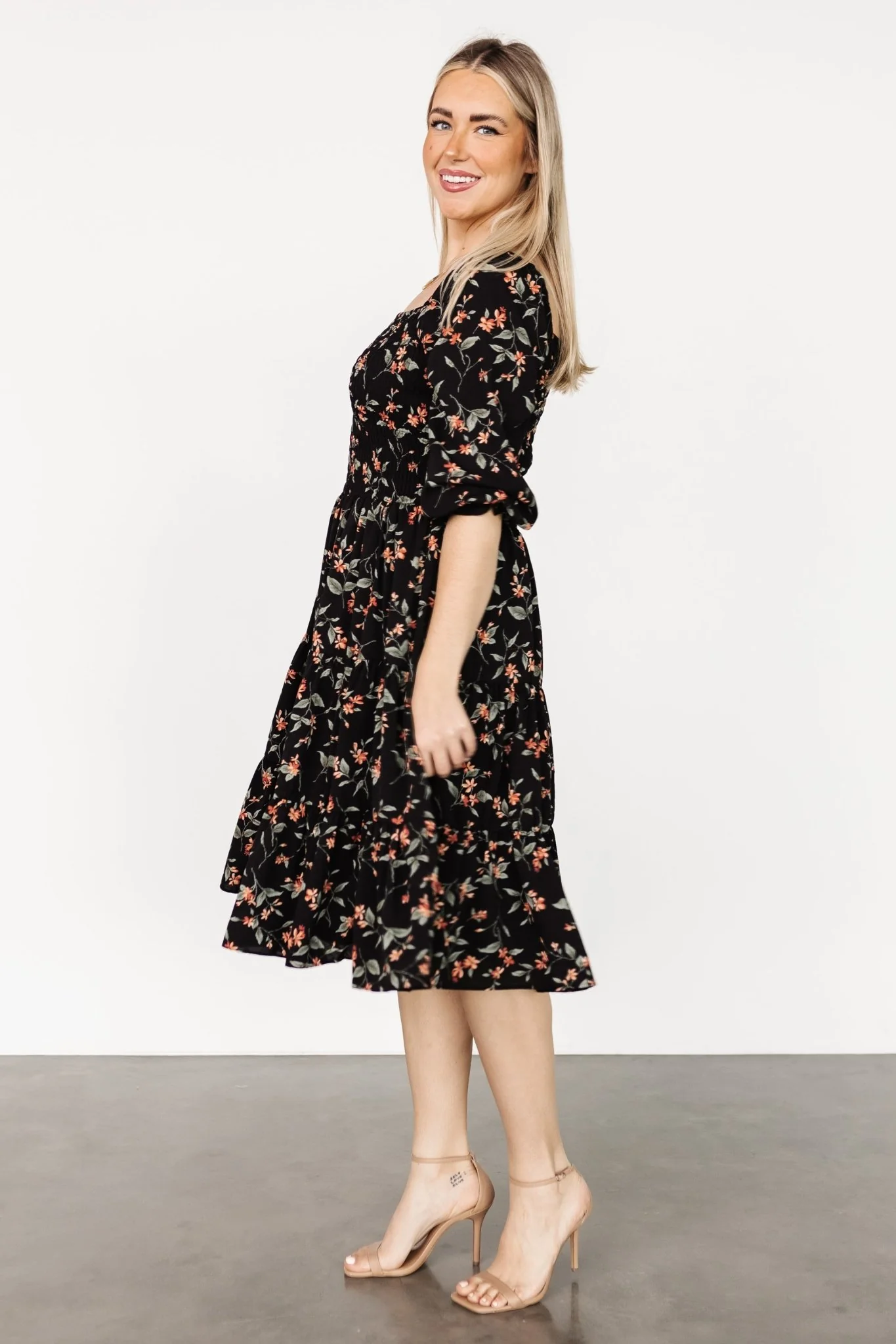 Marta Smocked Midi Dress | Black Floral