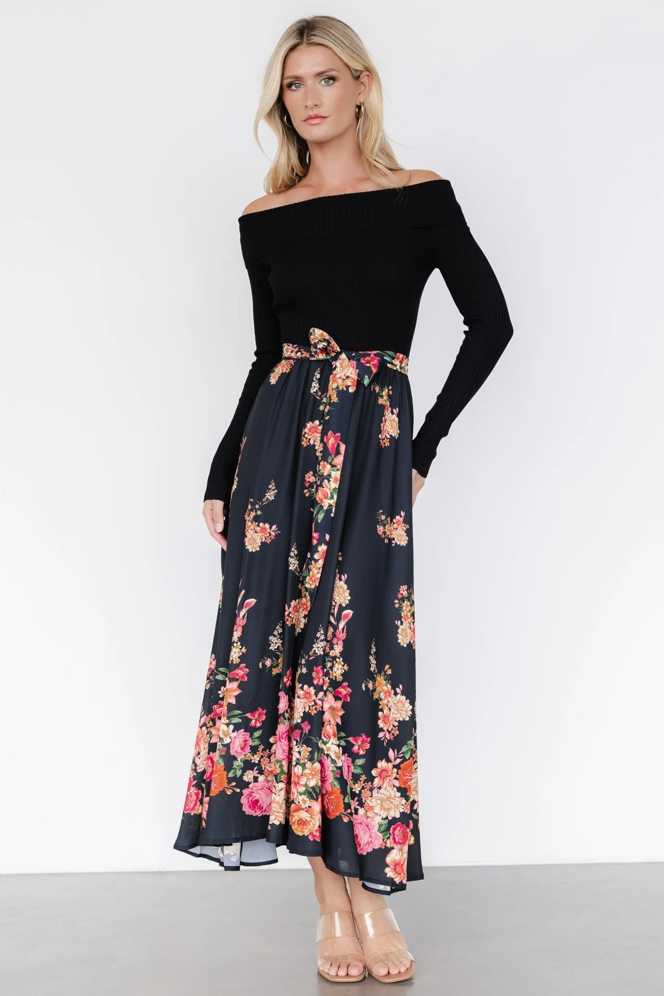 Qadira Off Shoulder Dress | Black + Multi Floral