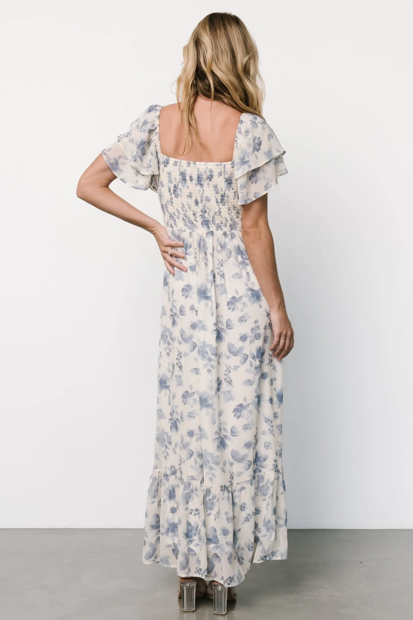 Juliana Pleated Top Dress | Ivory + Blue Floral