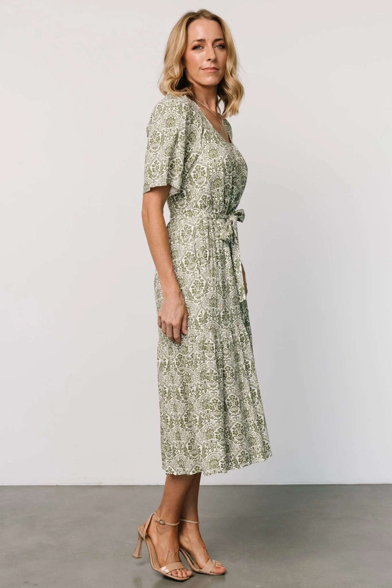 Lyla Midi Dress | White + Olive Print