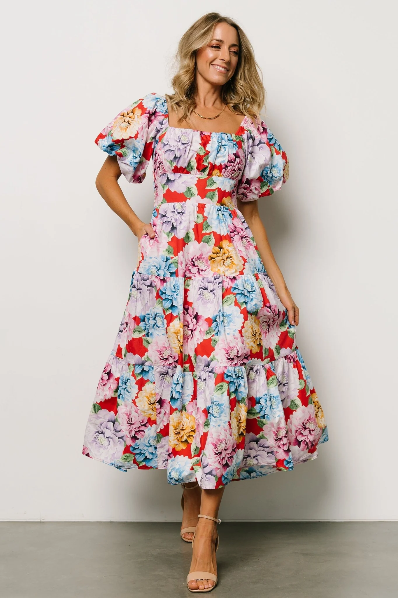 Iva Puff Sleeve Midi Dress | Red Multi Floral