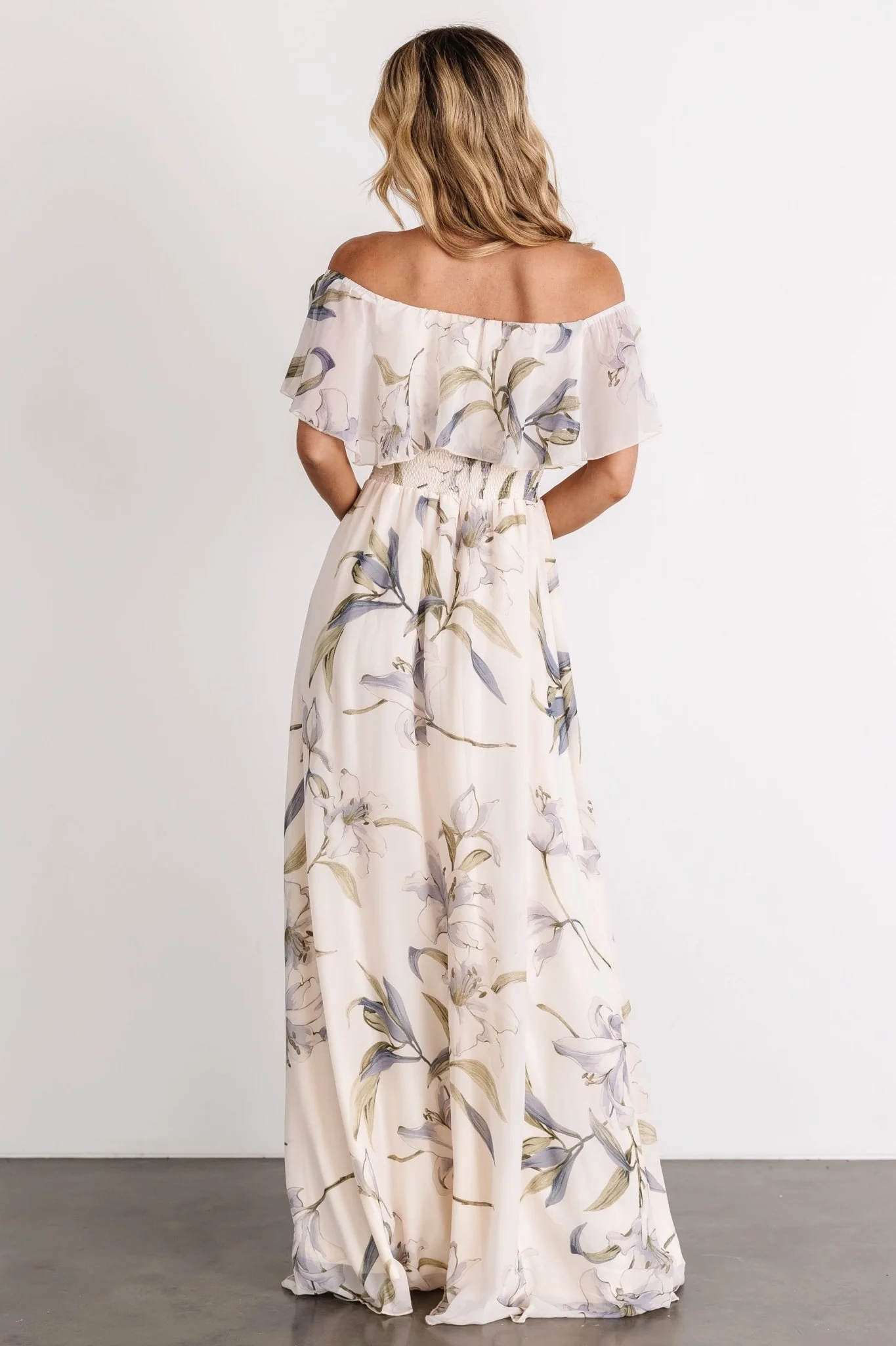 Daphne Off Shoulder Maxi Dress | Beige + Blue Floral