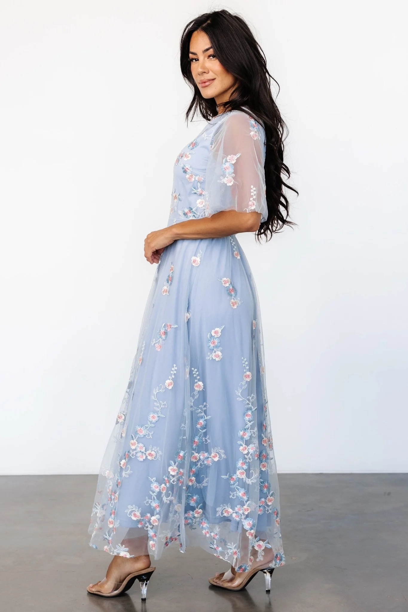 Arabella Embroidered Tulle Maxi Dress | Light Blue + Blush