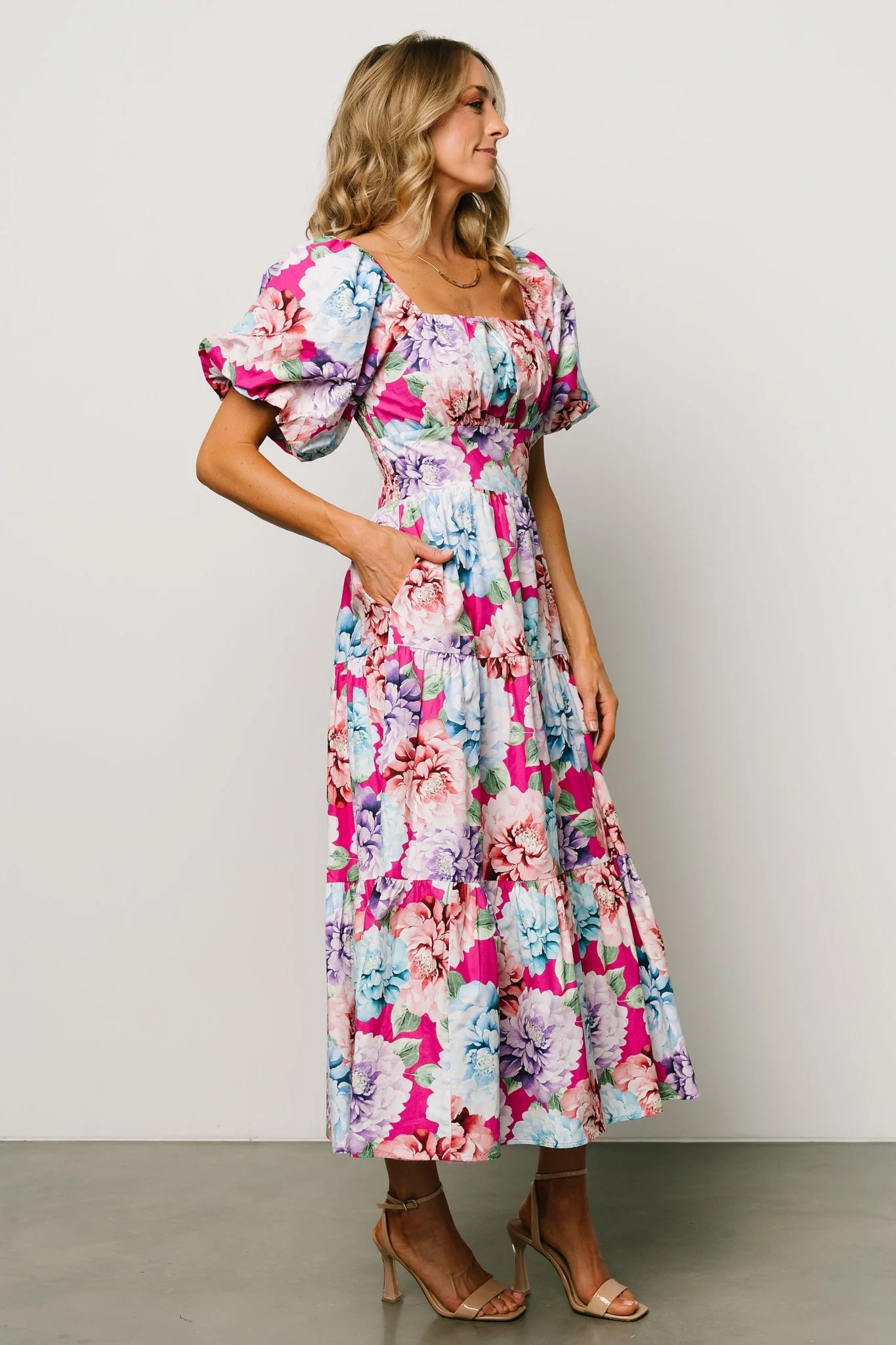 Iva Puff Sleeve Midi Dress | Fuchsia Multi Floral