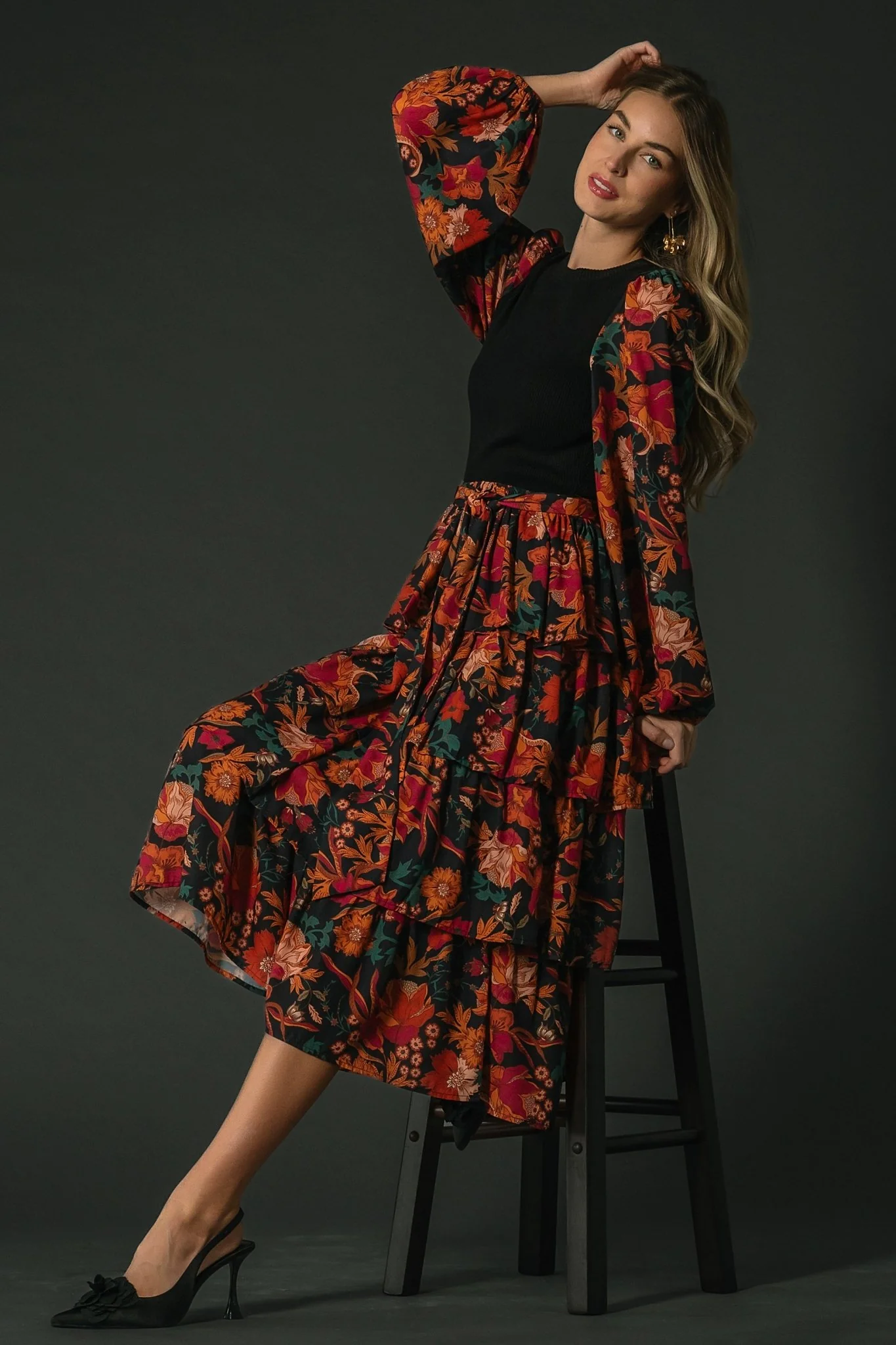 Sylvie Tiered Midi Dress | Black Multi