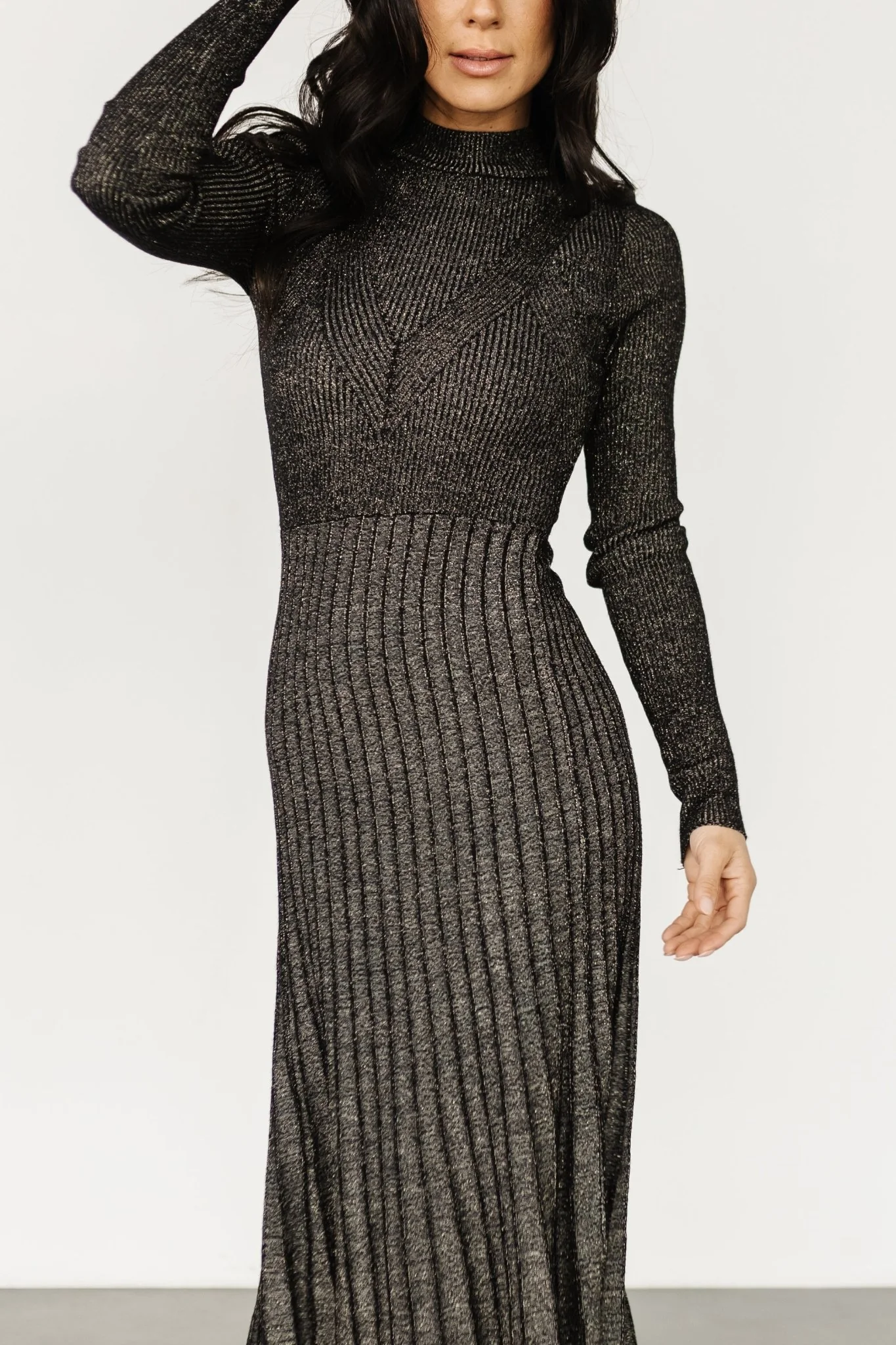 Jamelia Pleated Sweater Dress | Black + Gold