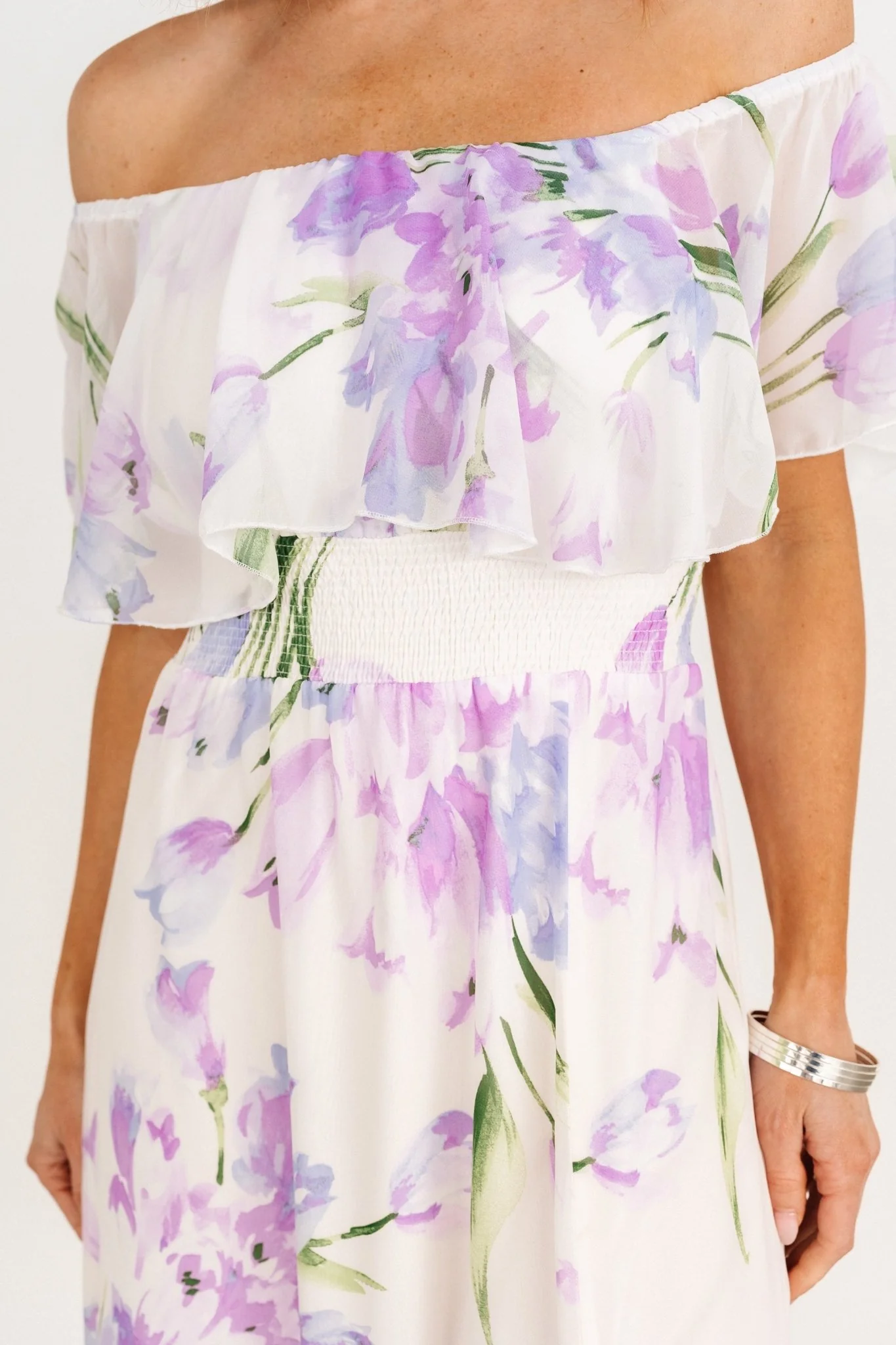 Daphne Off Shoulder Maxi Dress | Ivory + Lavender Floral
