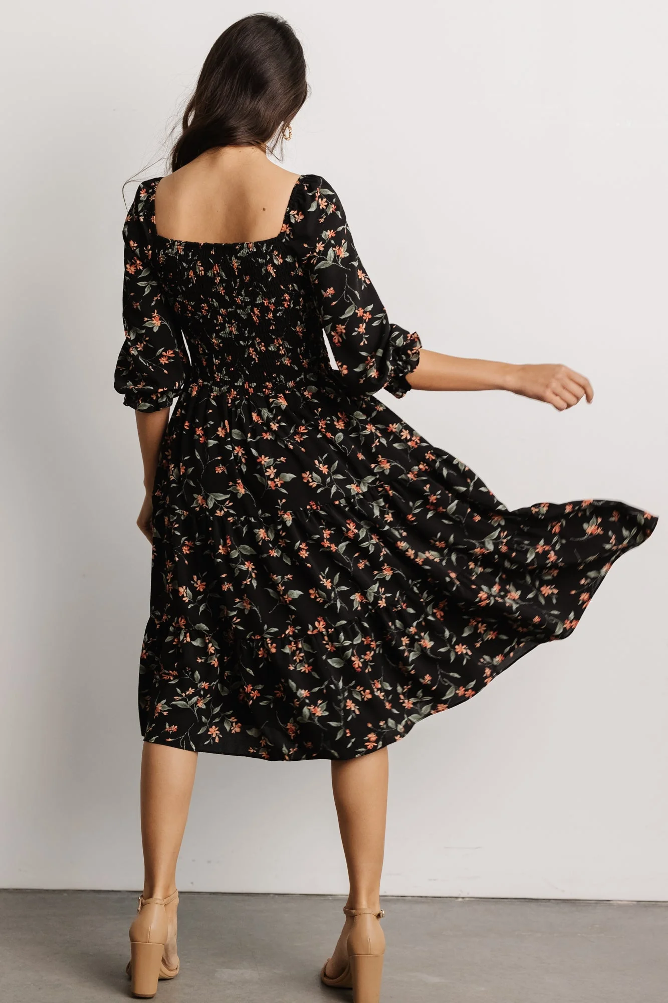 Marta Smocked Midi Dress | Black Floral