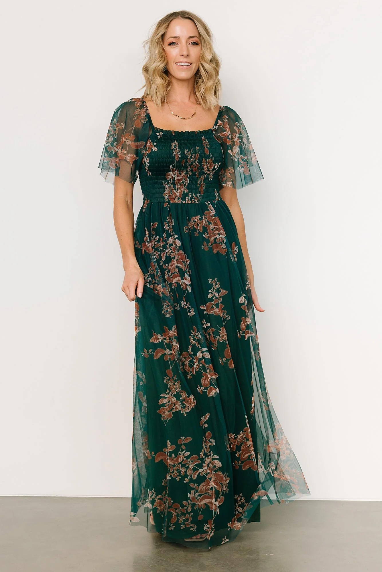Cassandra Tulle Maxi Dress | Green + Bronze Floral