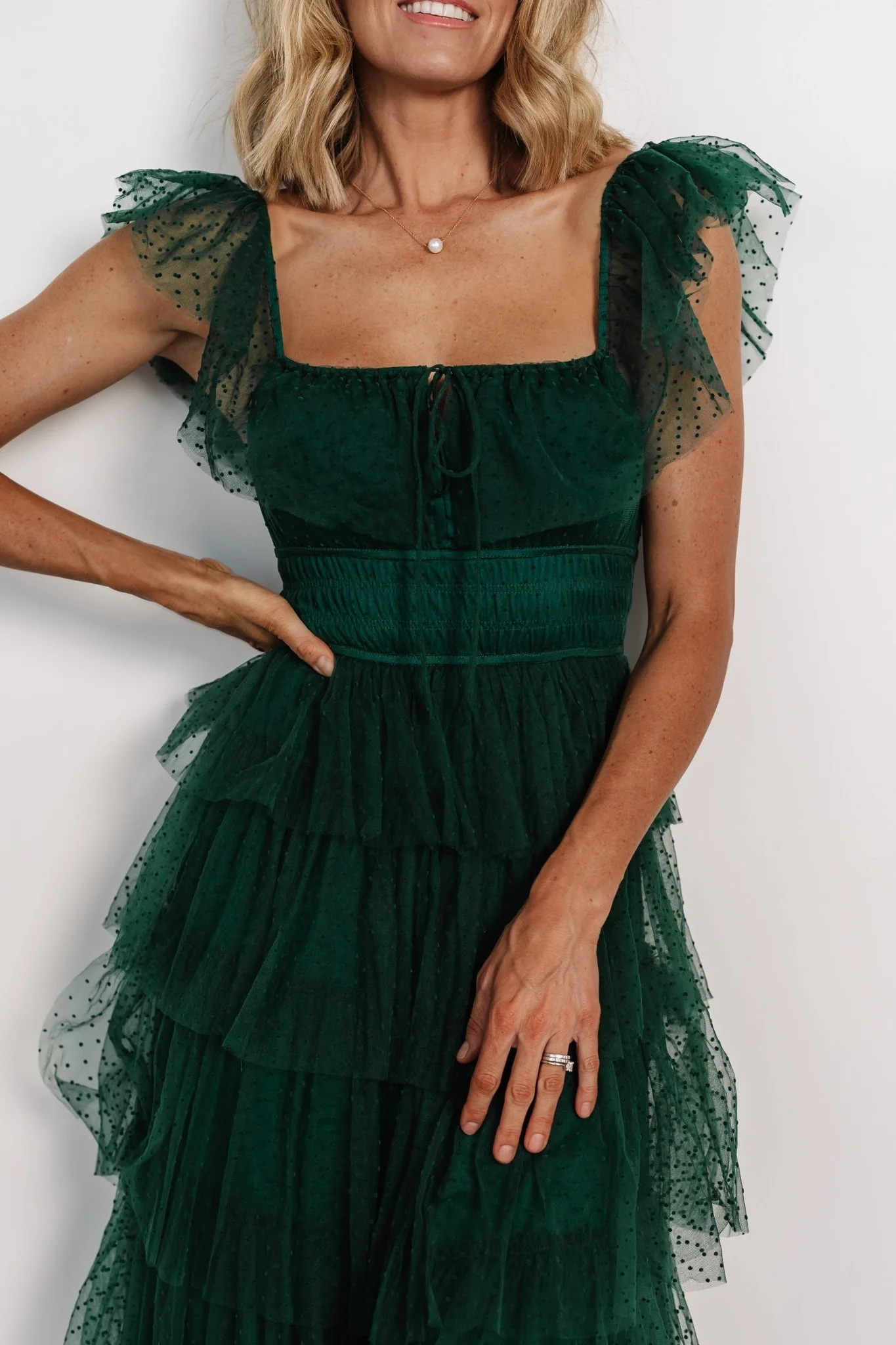 Valora Swiss Dot Tulle Maxi Dress | Dark Green