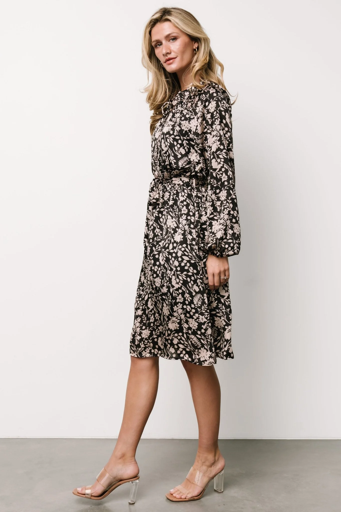 Deena Satin Dress | Black + Taupe Floral