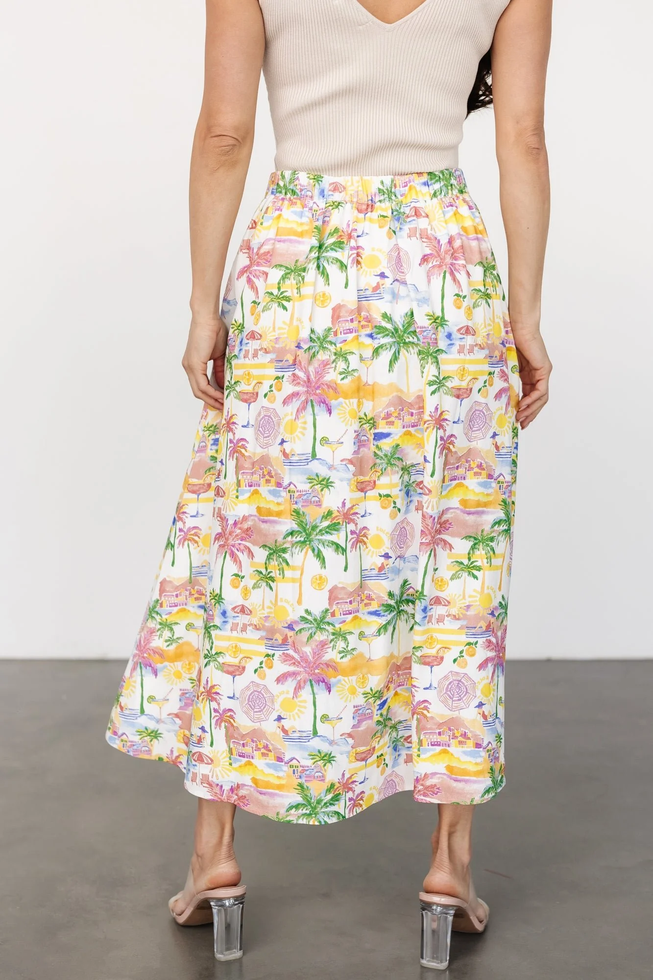 Gigi Button Midi Skirt | Off White + Multi Print