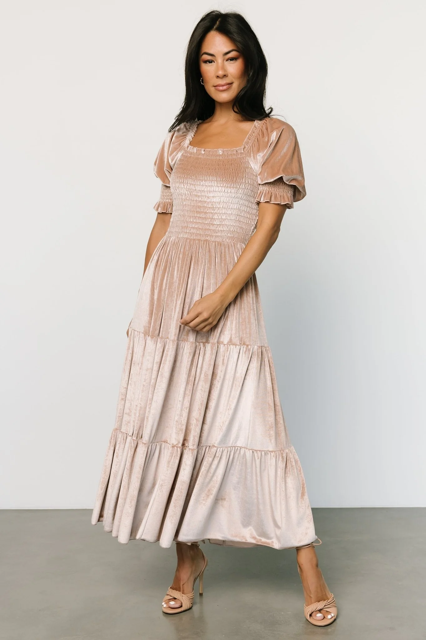 Vivaldi Smocked Velvet Midi Dress | Champagne