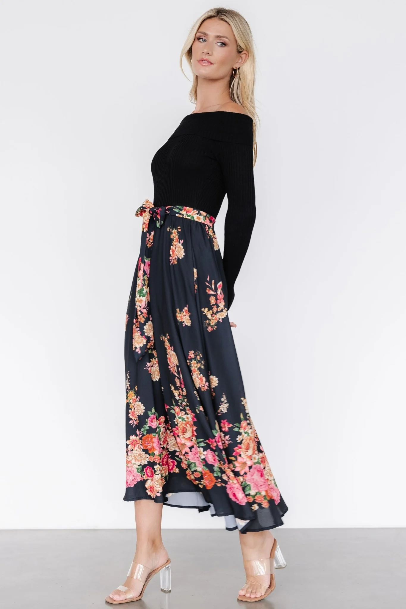Qadira Off Shoulder Dress | Black + Multi Floral