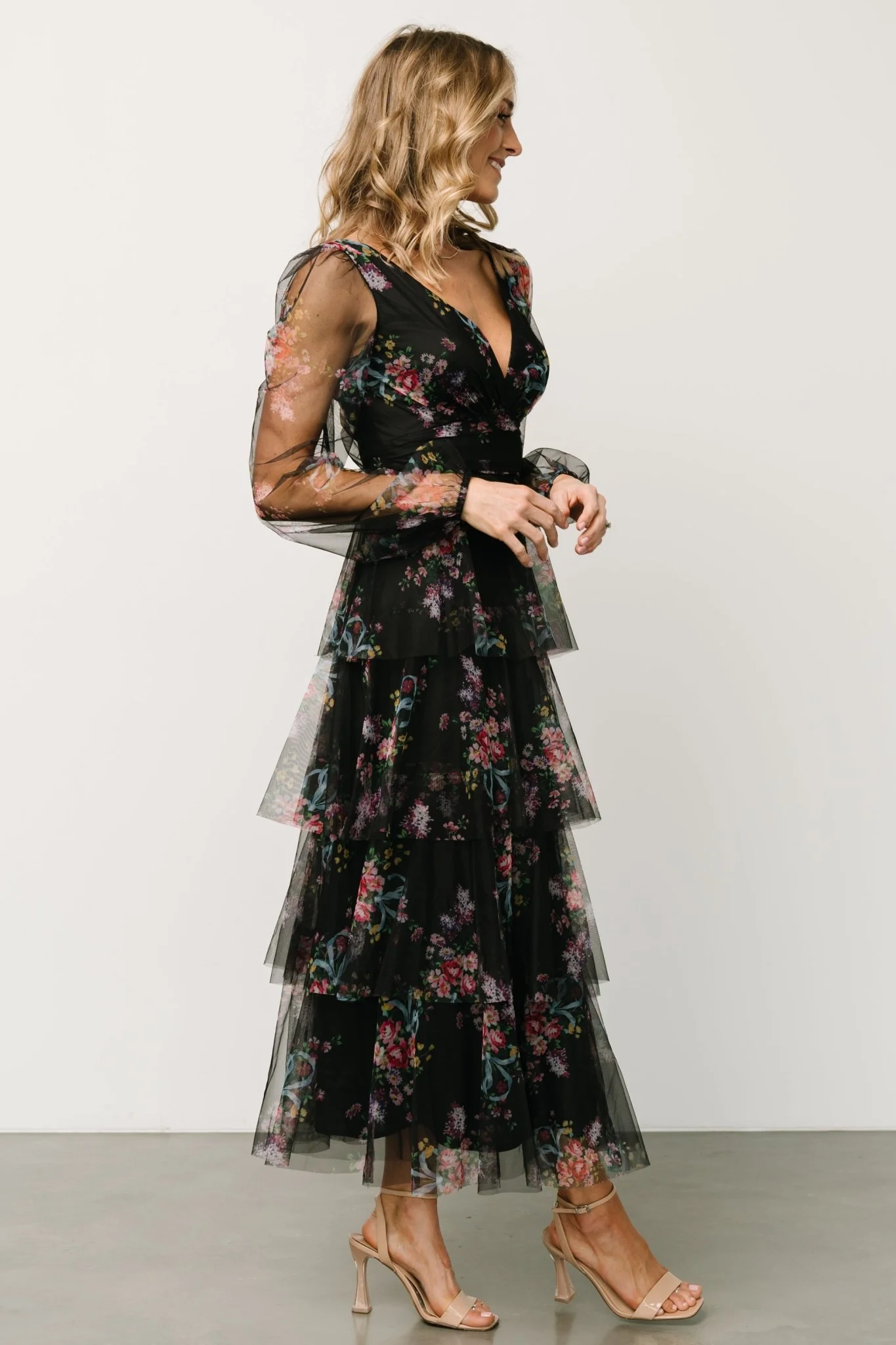 Carolina Tulle Tiered Maxi Dress | Black Floral