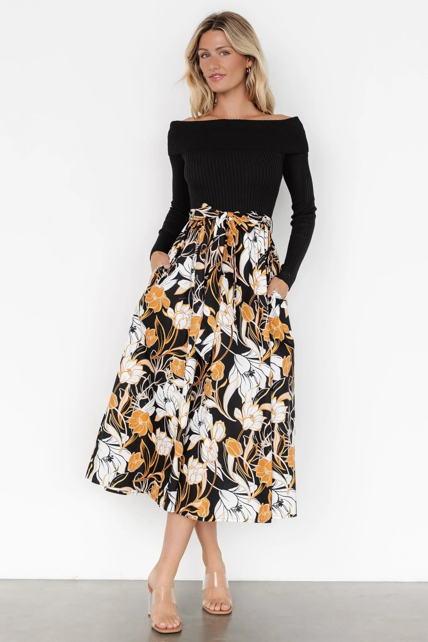 Selma Off Shoulder Dress | Black Multi