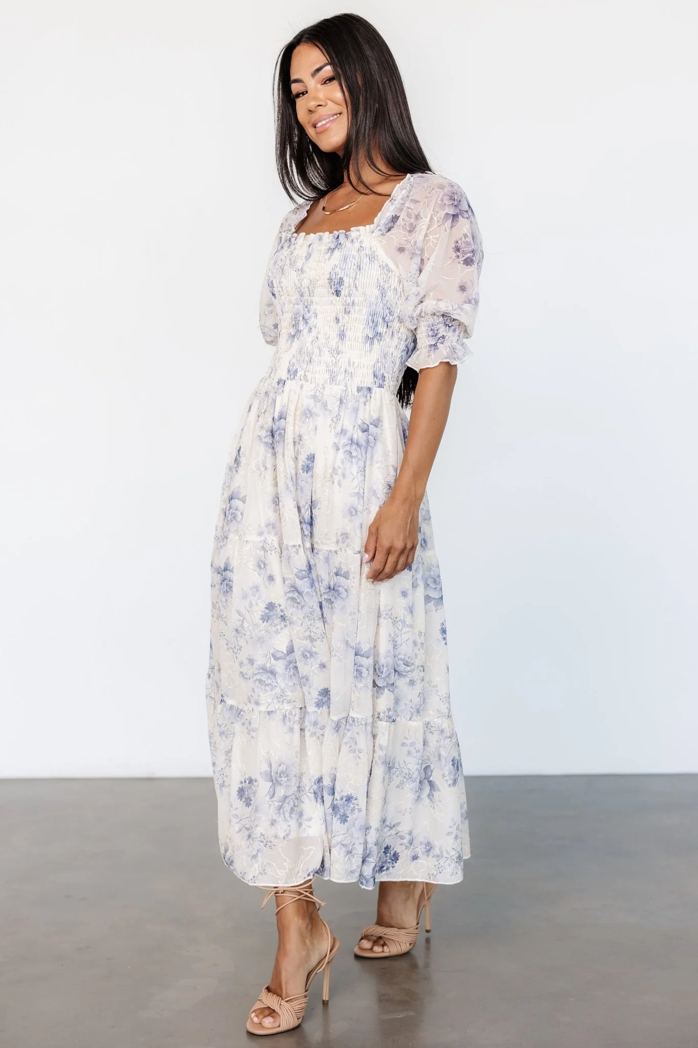 Fabian Jacquard Midi Dress | Cream + Blue Floral