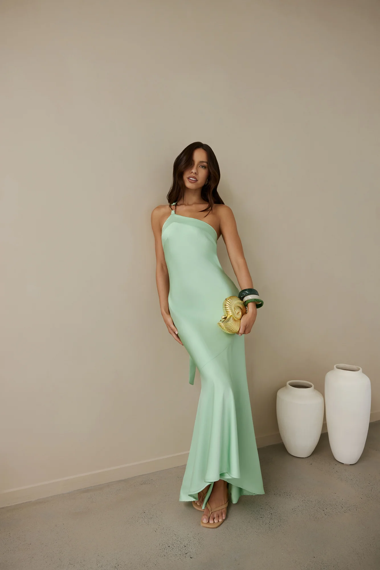 Champagne Chat One Shoulder Maxi Dress Green