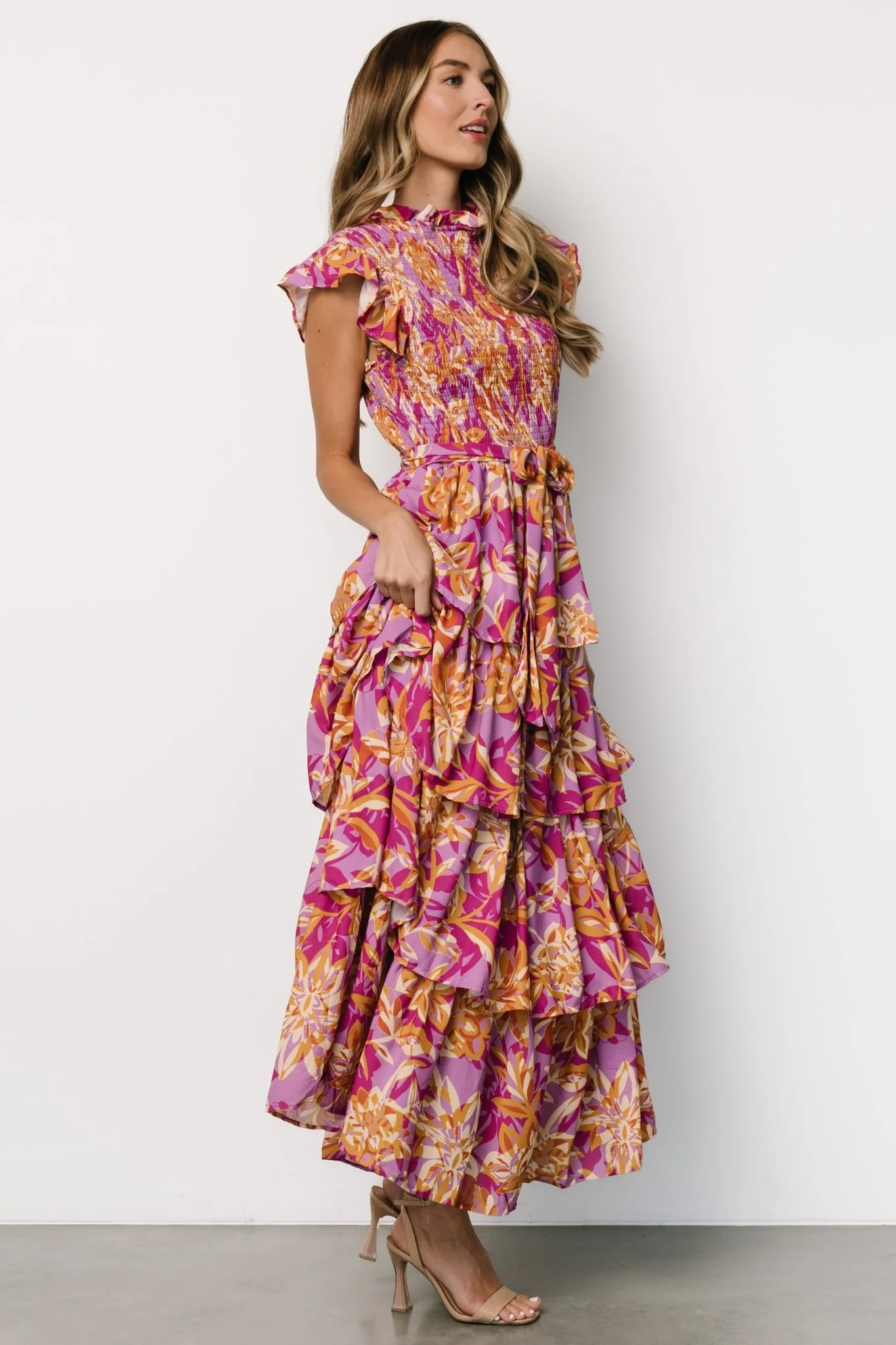 Mya Smocked Maxi Dress | Orchid + Gold Print