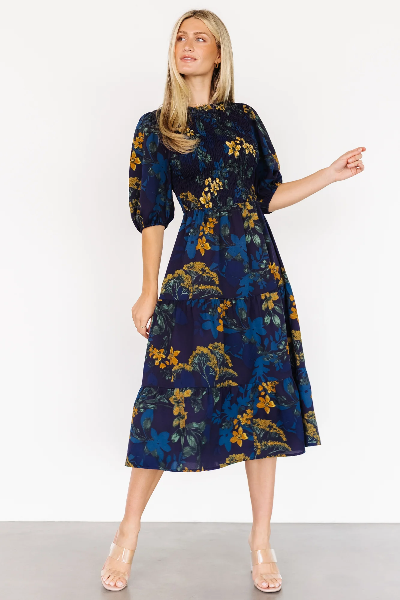 Lena Tiered Midi Dress | Navy + Gold Floral