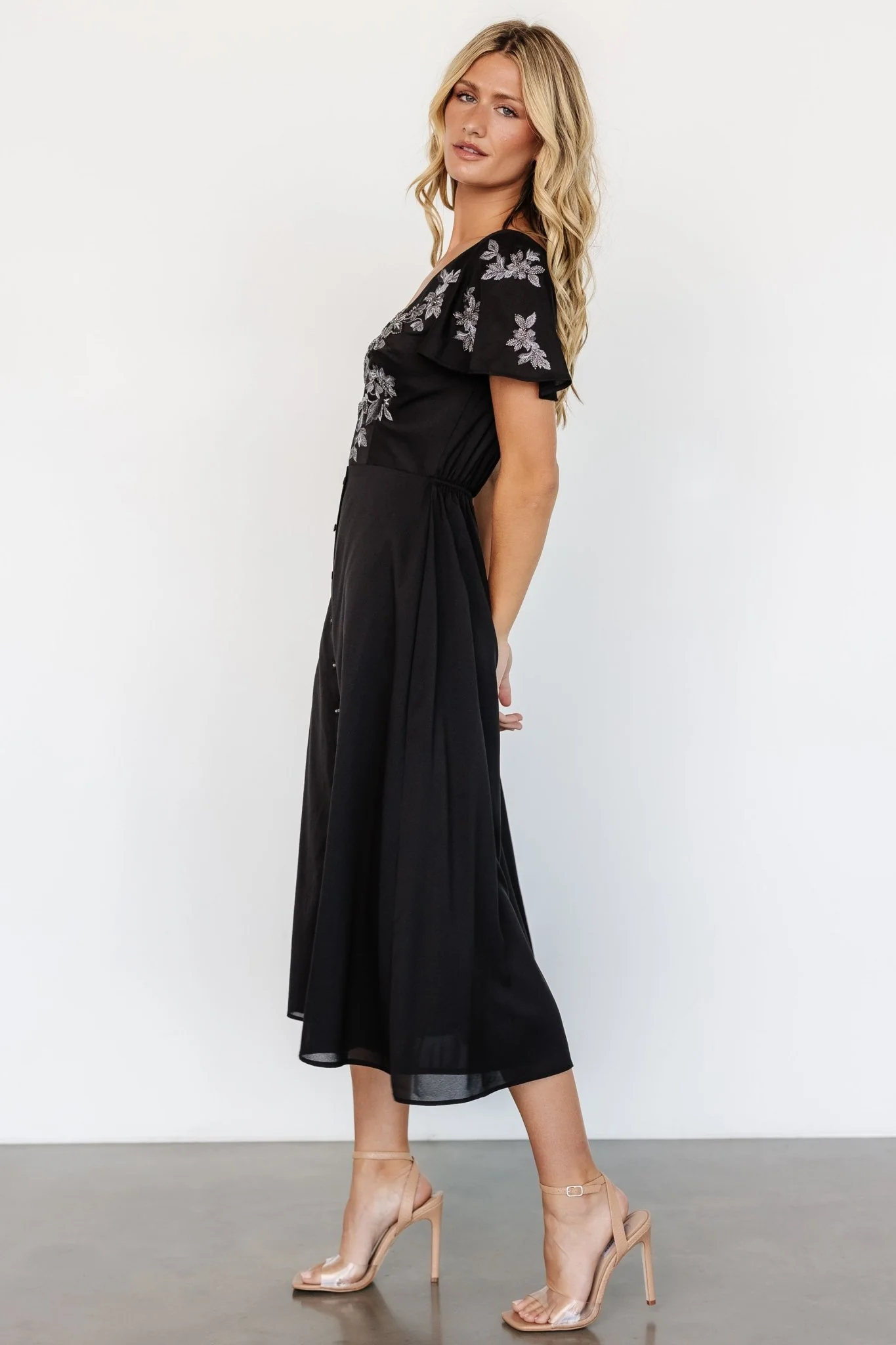 Swan Bead Embroidered Midi Dress | Black