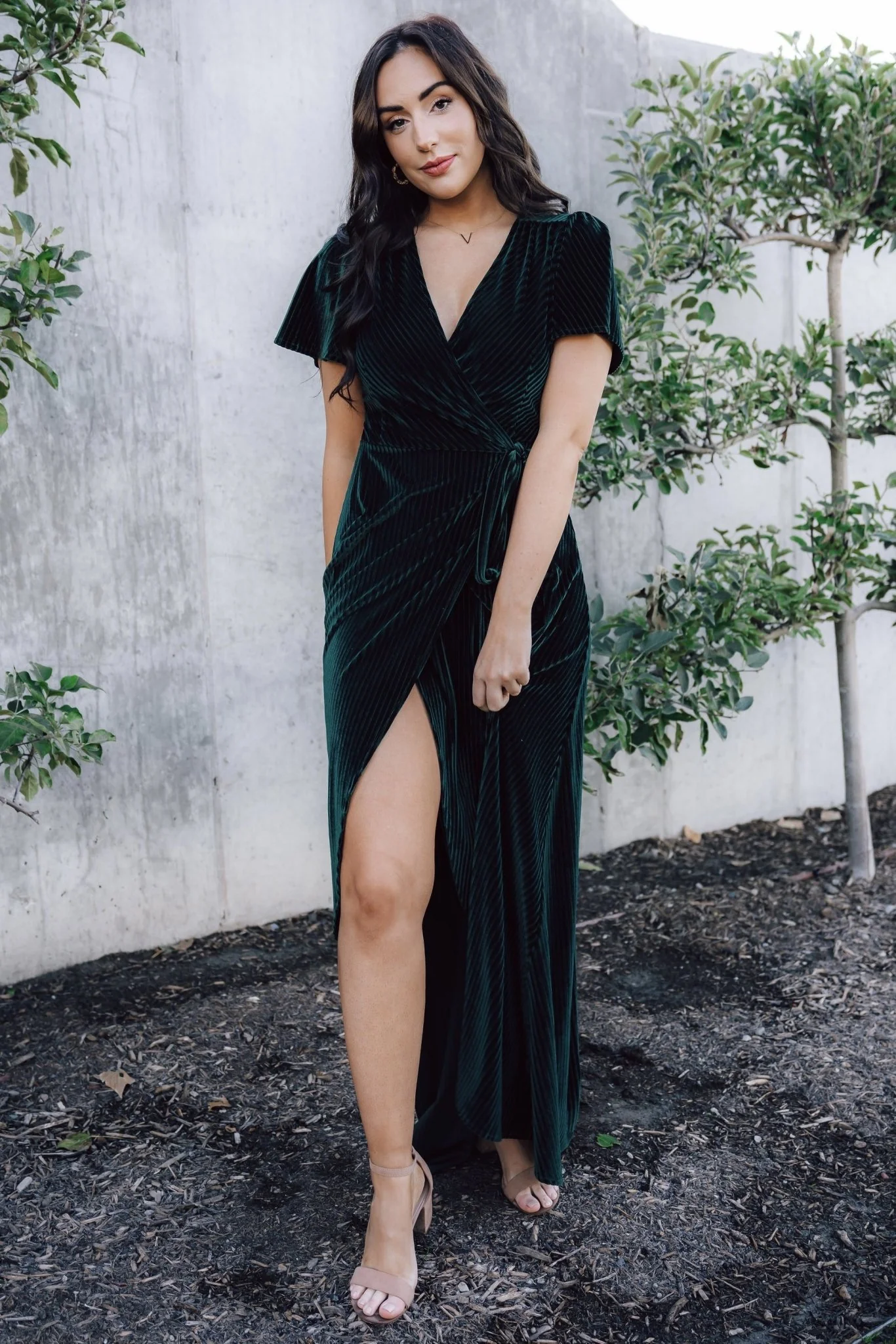 Andi Ribbed Velvet Wrap Dress | Emerald