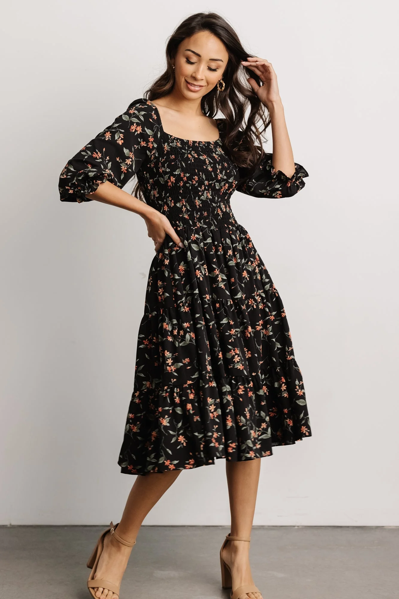 Marta Smocked Midi Dress | Black Floral