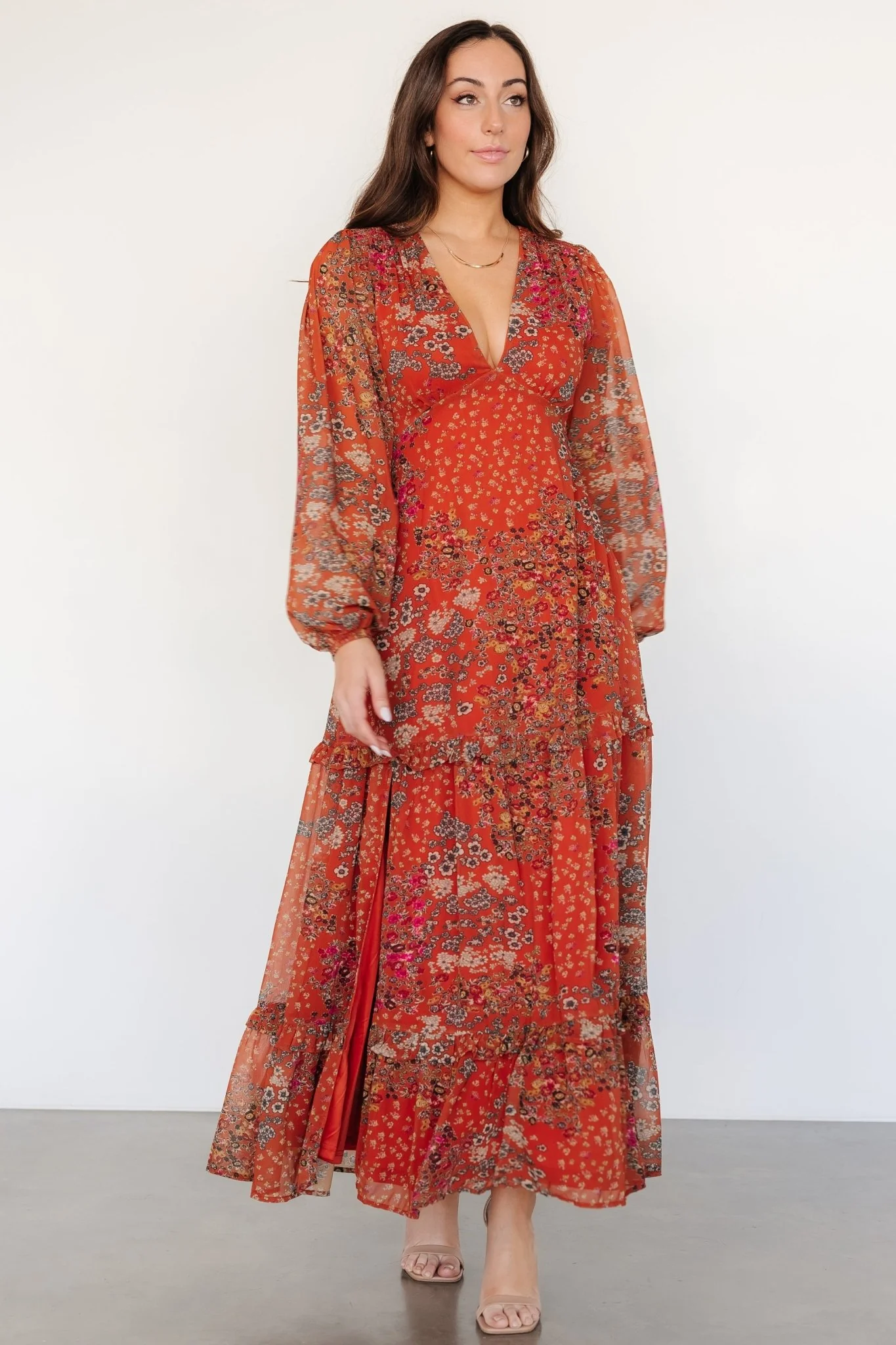 Bowman Deep V Maxi Dress | Rust Multi