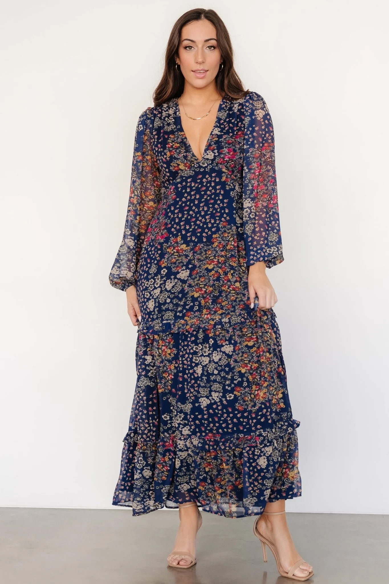Bowman Deep V Maxi Dress | Dark Blue Multi
