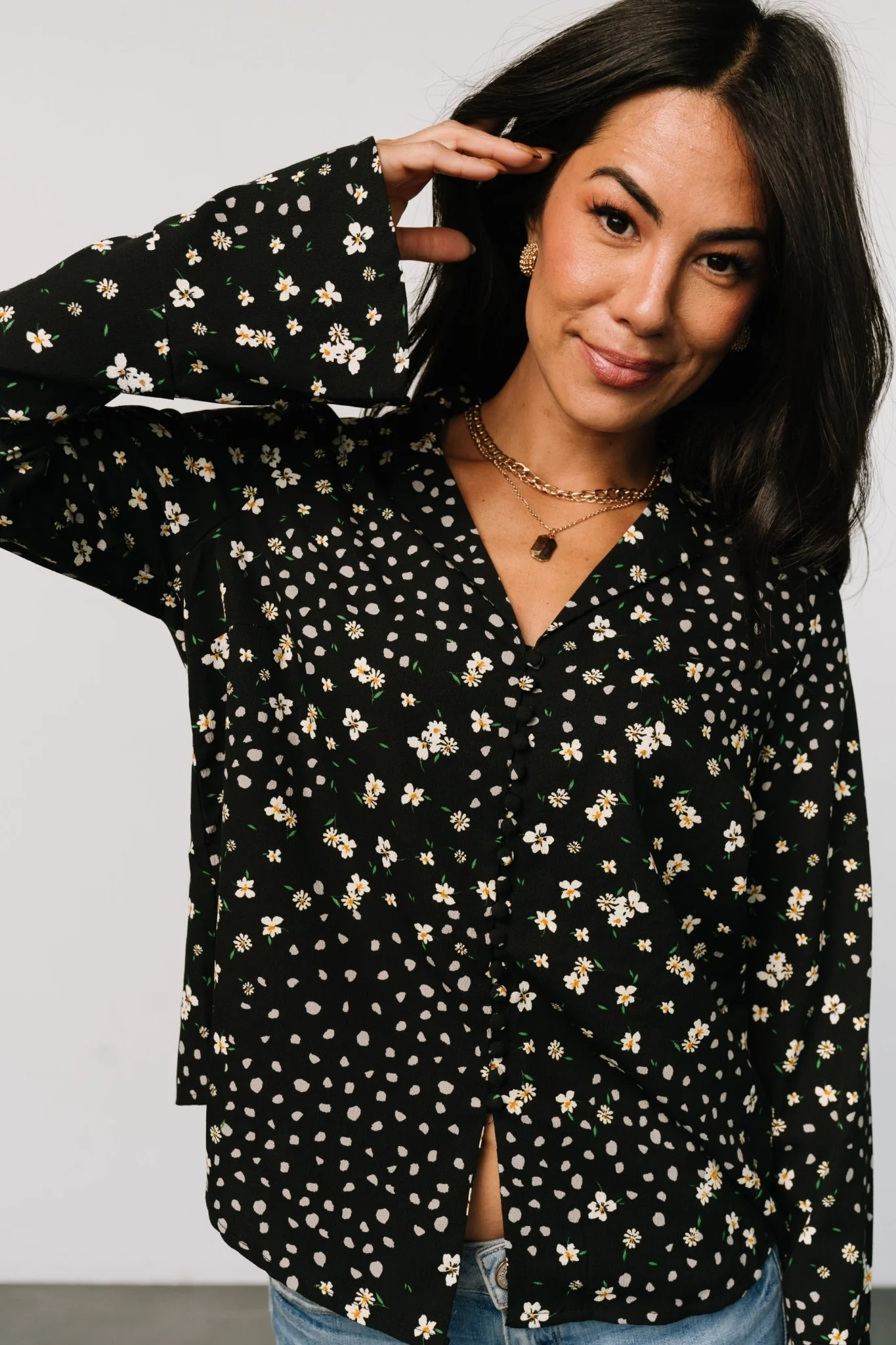 Thelma Button Blouse | Black Print