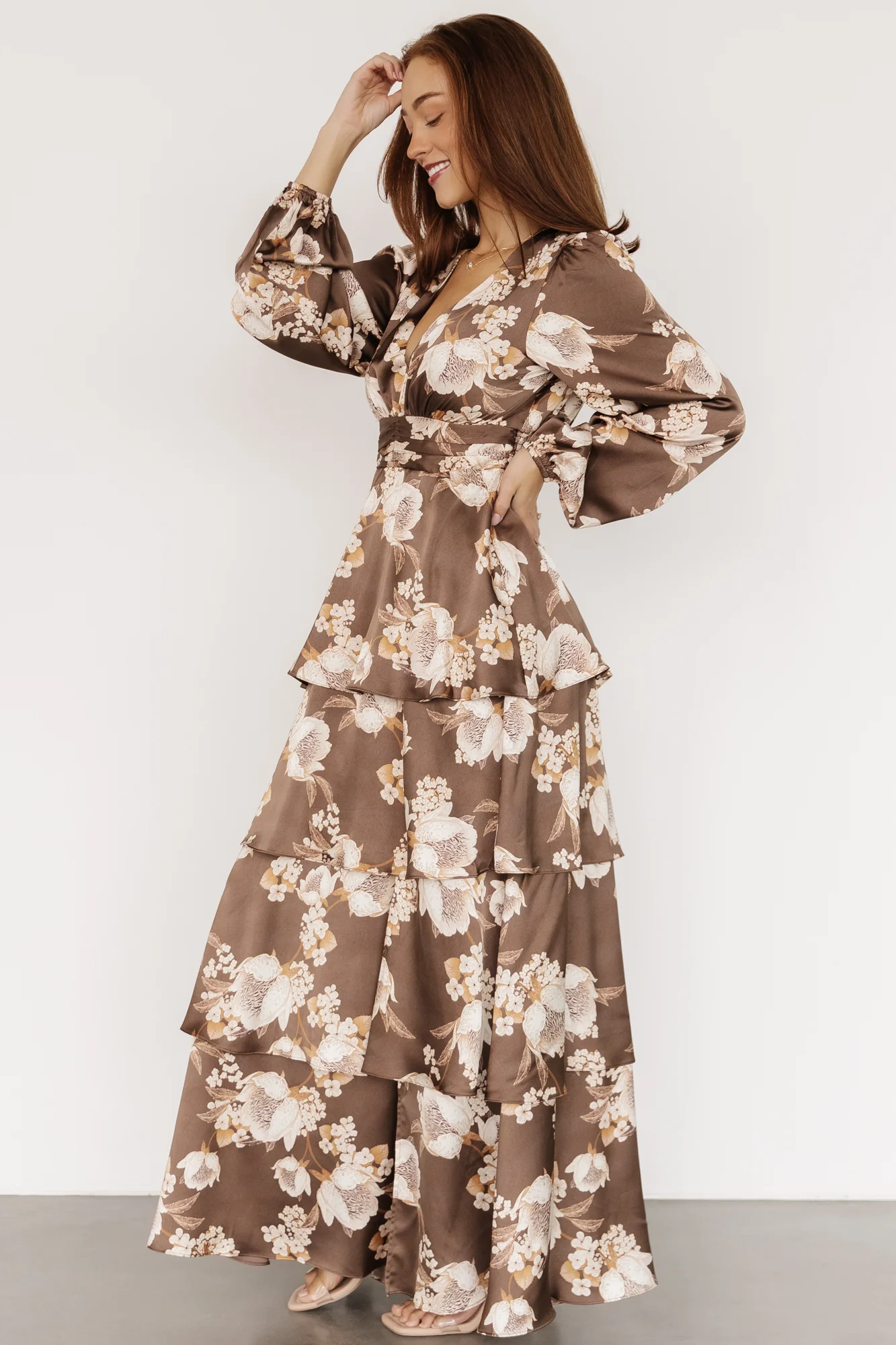 Montrouge Tiered Satin Dress | Mocha Floral