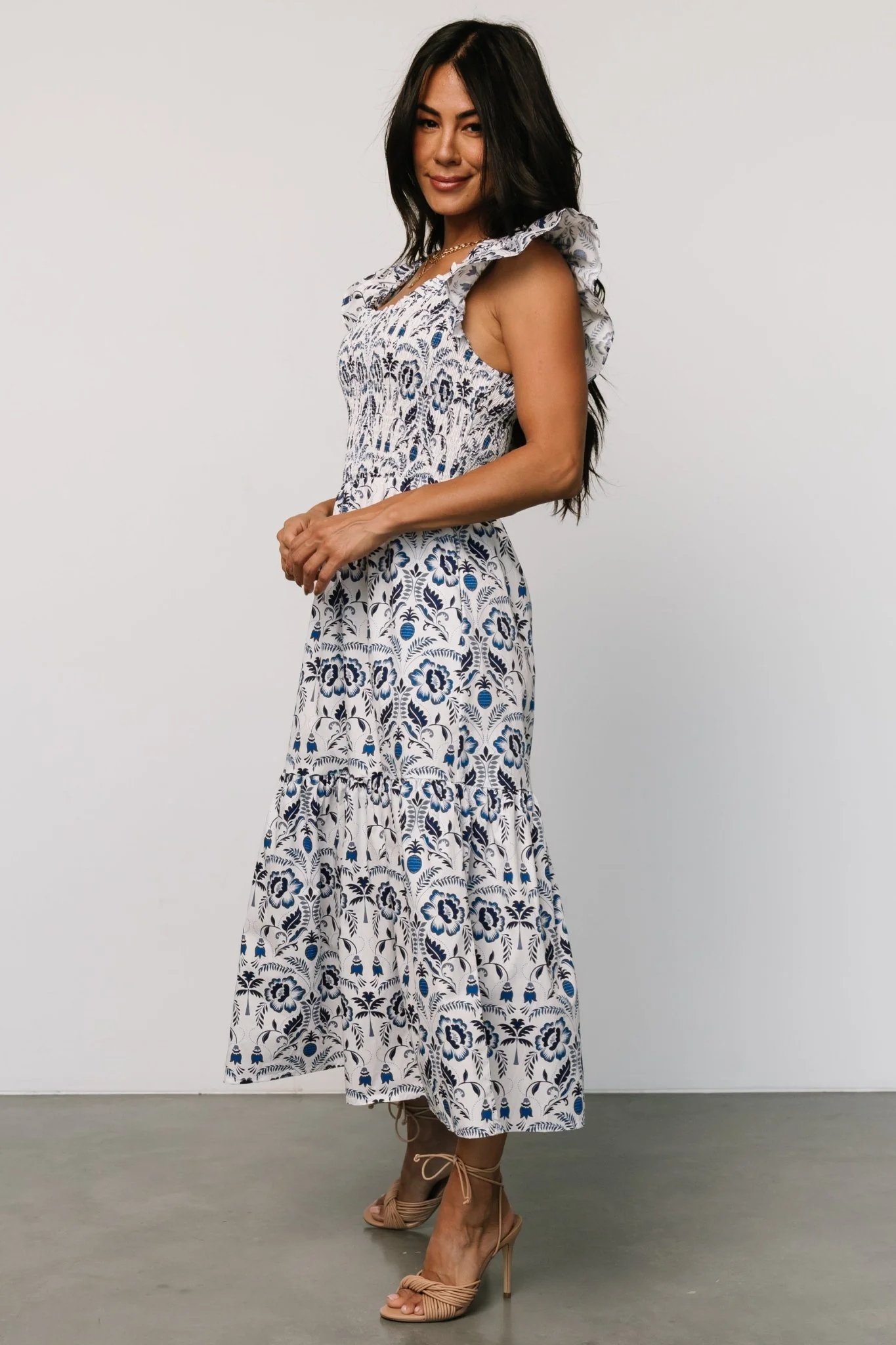 Rhodes Smocked Dress | White + Blue Print