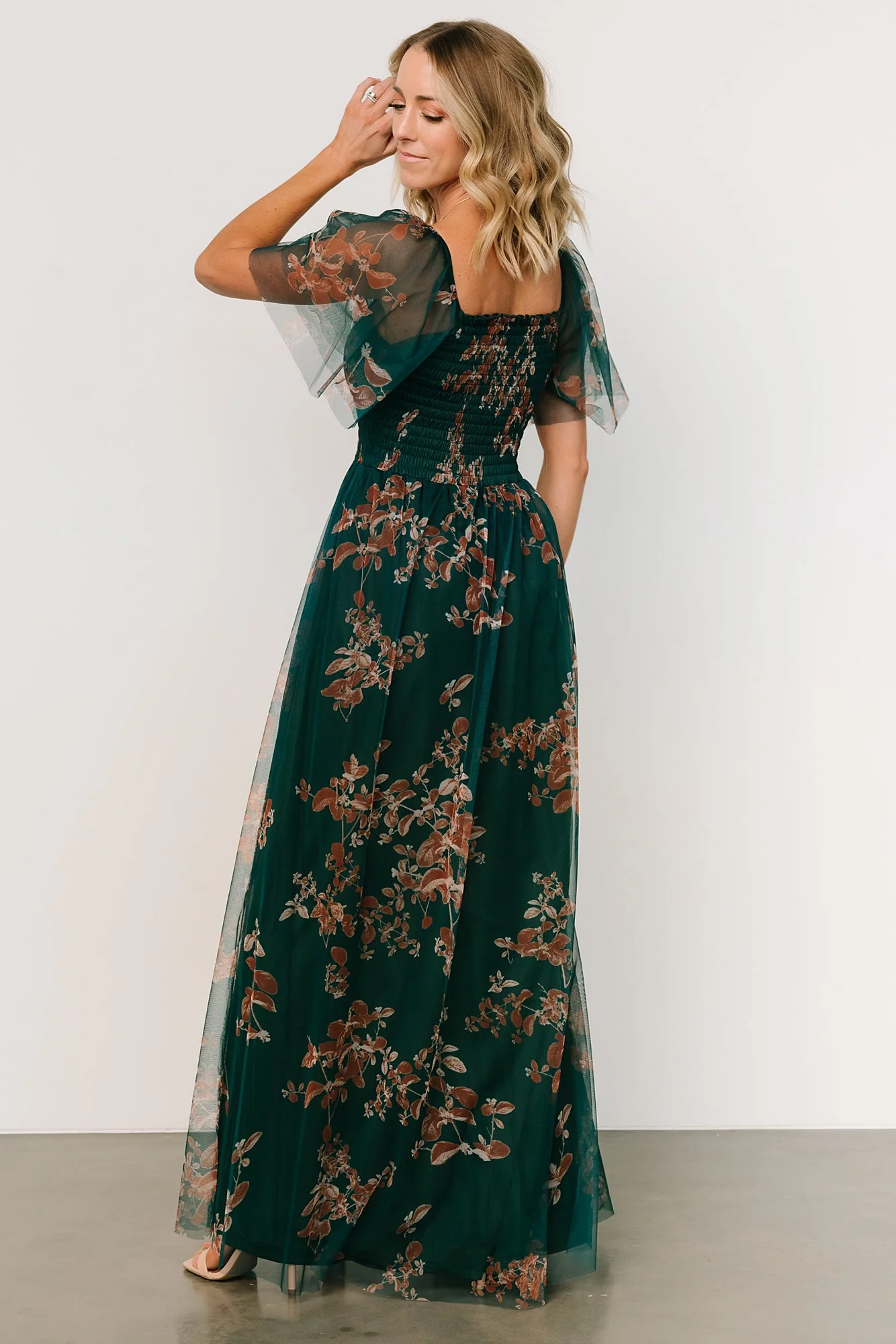 Cassandra Tulle Maxi Dress | Green + Bronze Floral