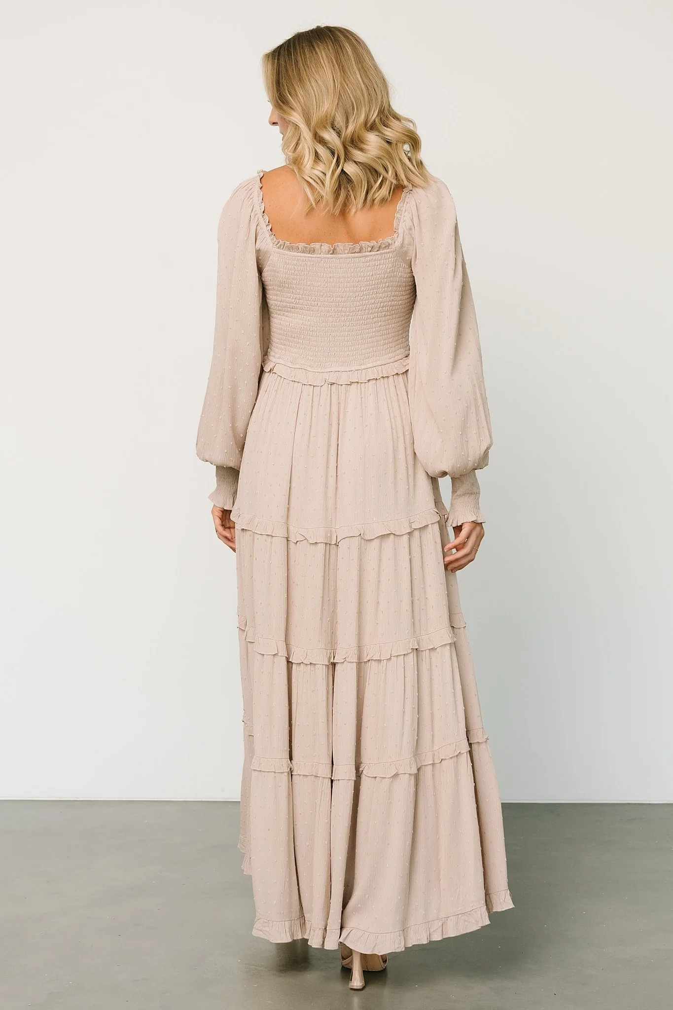 Amanda Smocked Dotted Maxi Dress | Beige