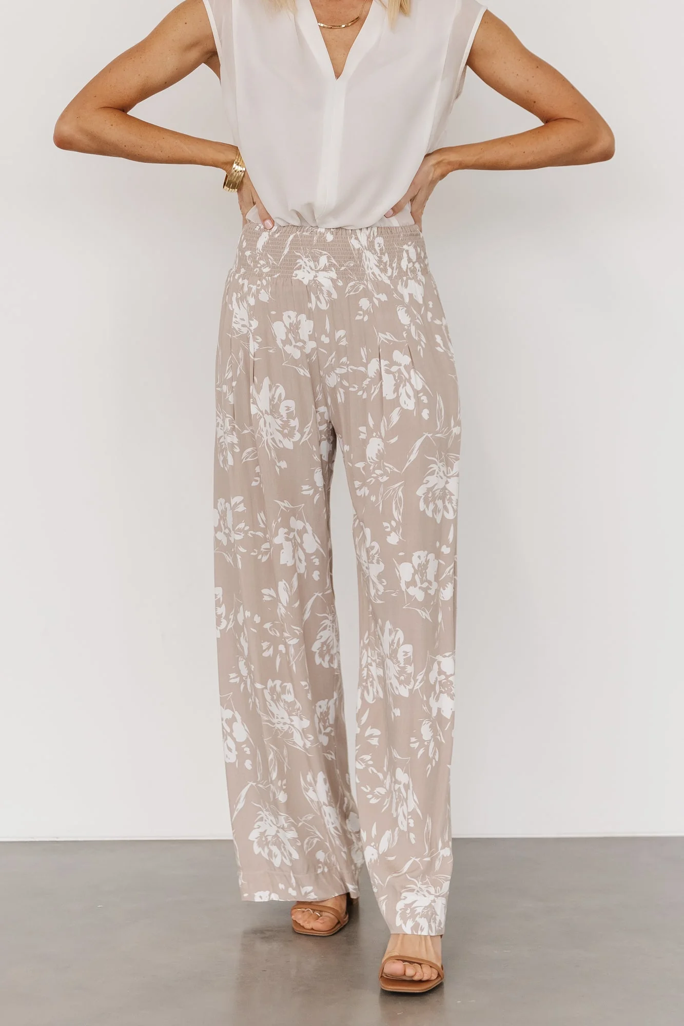 Malta Smocked Waist Pants | Sand + White