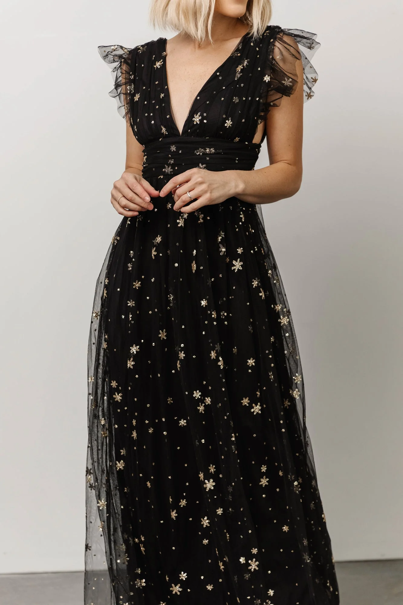 Nova Shimmer Maxi Dress | Black + Gold