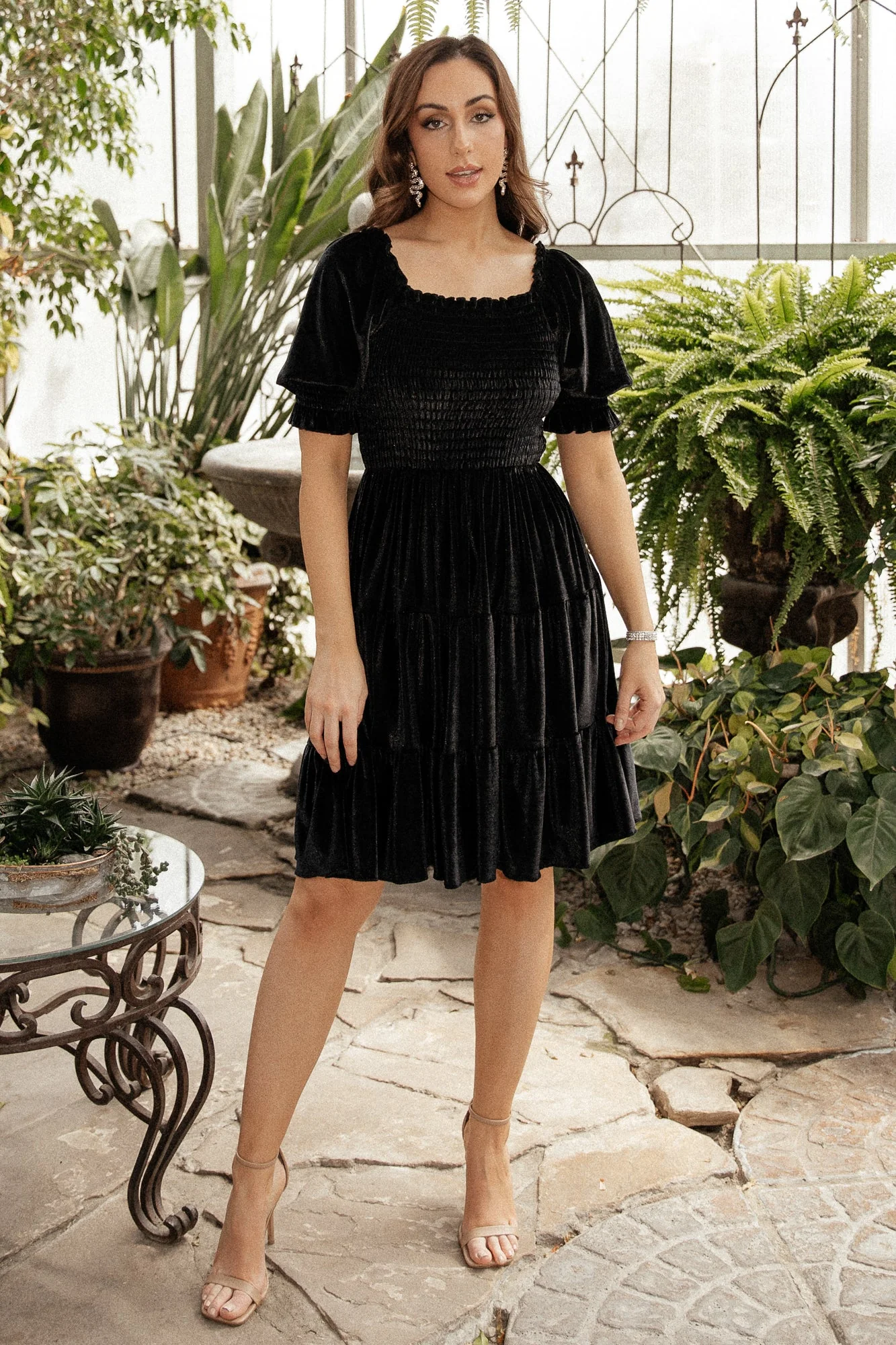 Bliss Smocked Velvet Short Dress | Black