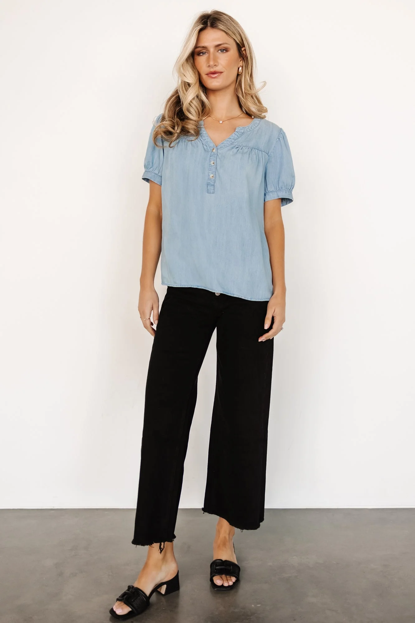Dori Button Top | Washed Blue