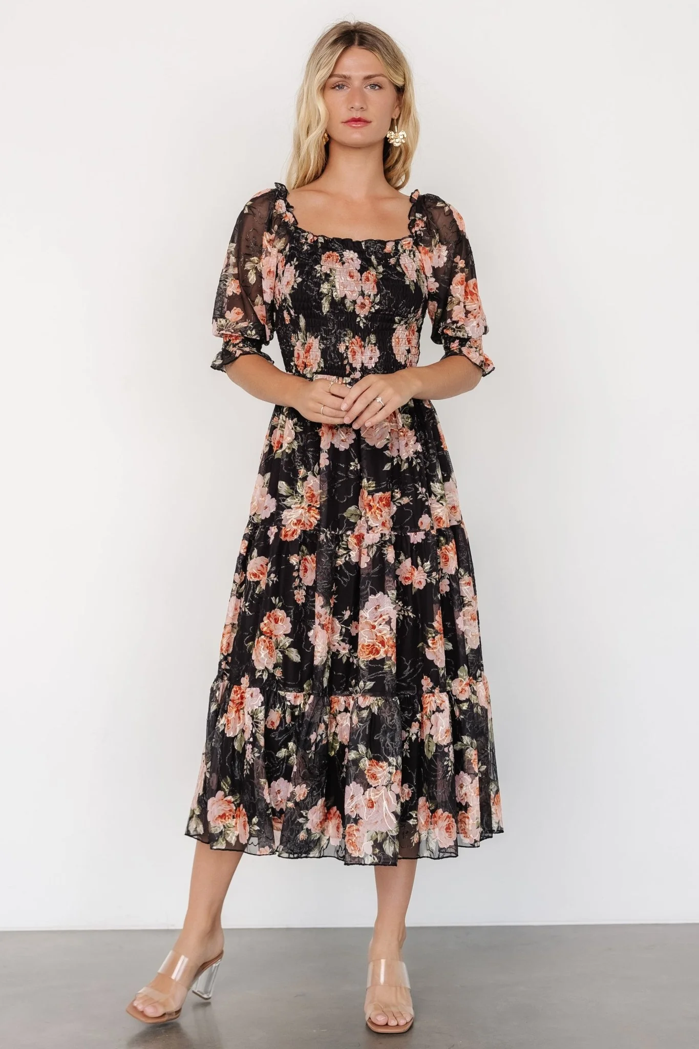Fabian Jacquard Midi Dress | Peach + Black Floral