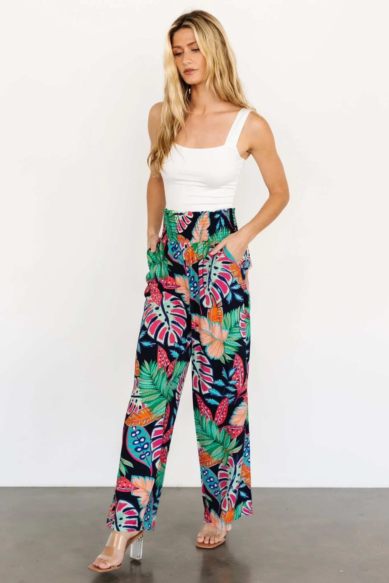Caribbean Smocked Waist Pants | Navy Print
