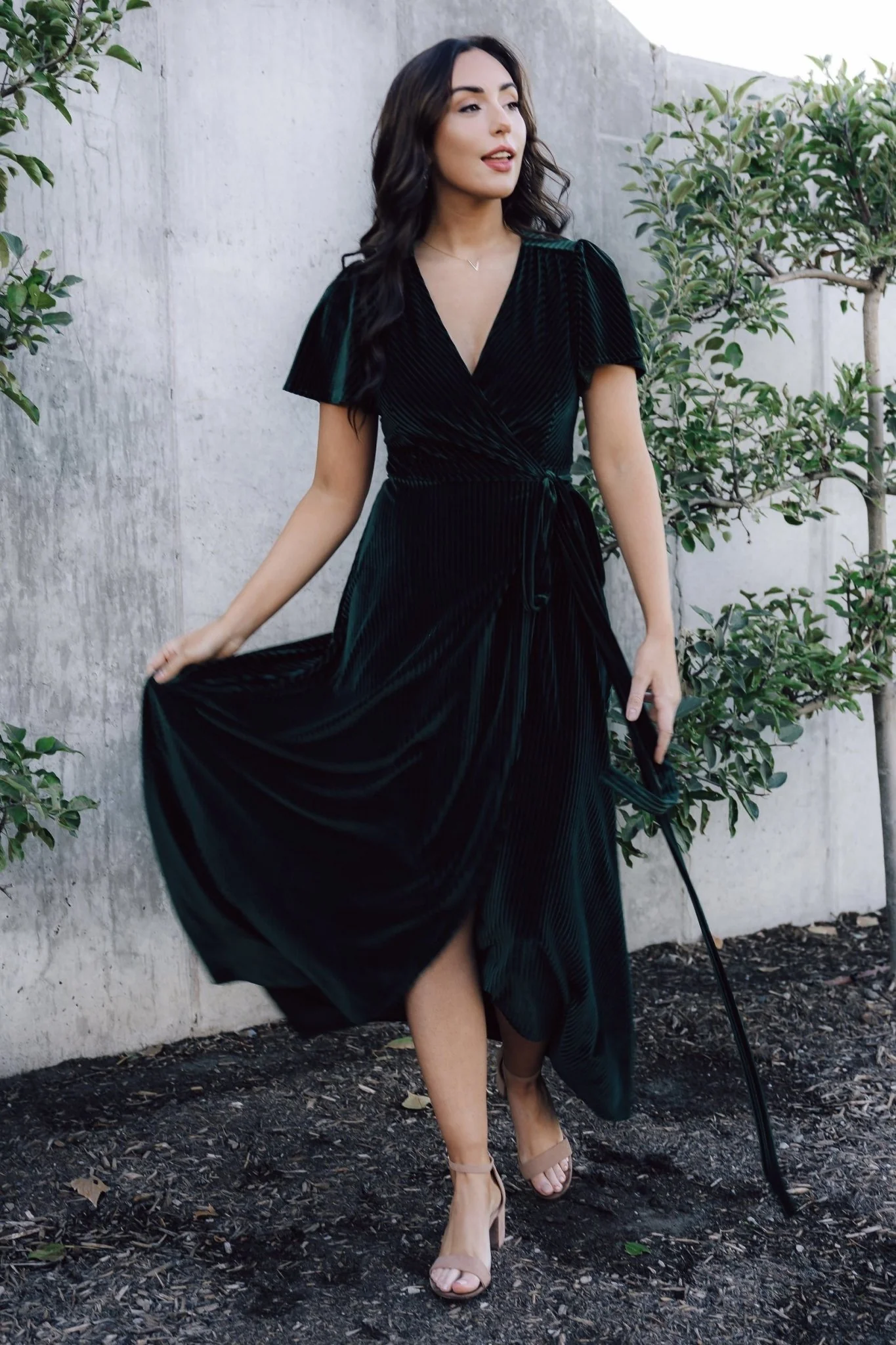 Andi Ribbed Velvet Wrap Dress | Emerald