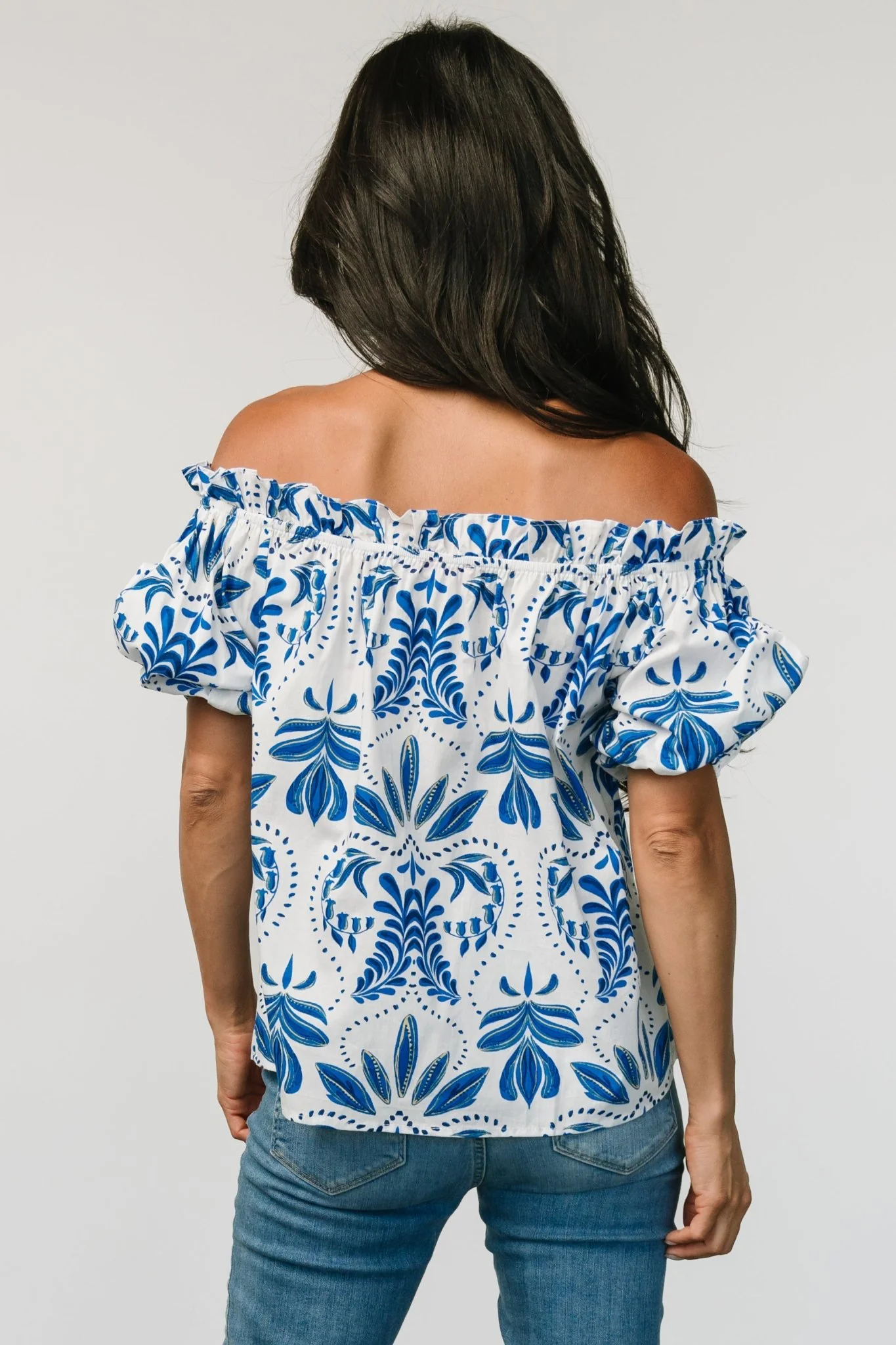 Santorini Off Shoulder Top | White + Blue