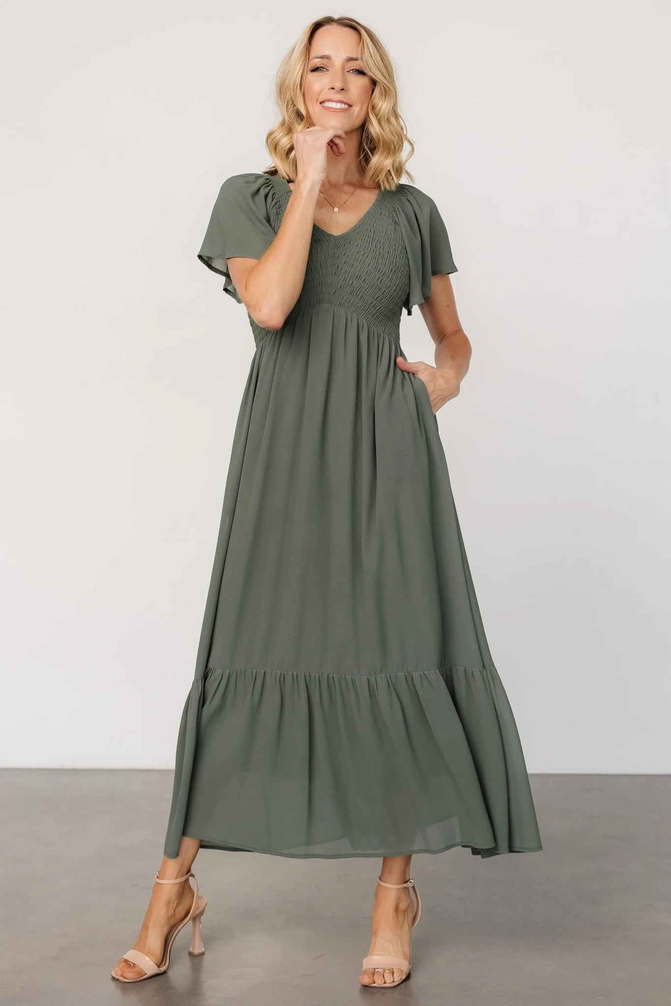 Monica Smocked Dress | Dark Sage