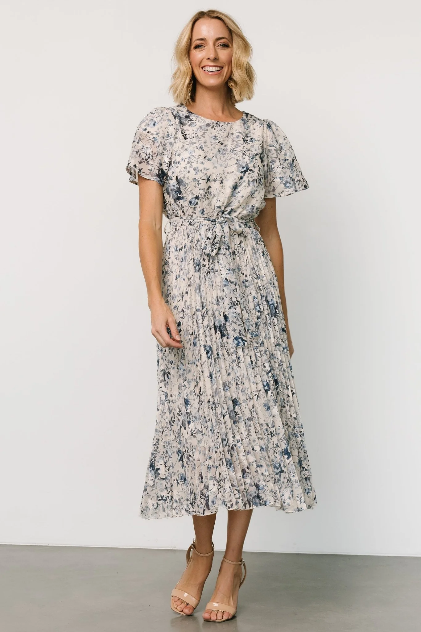 Alexandra Pleated Dress | Off White + Blue