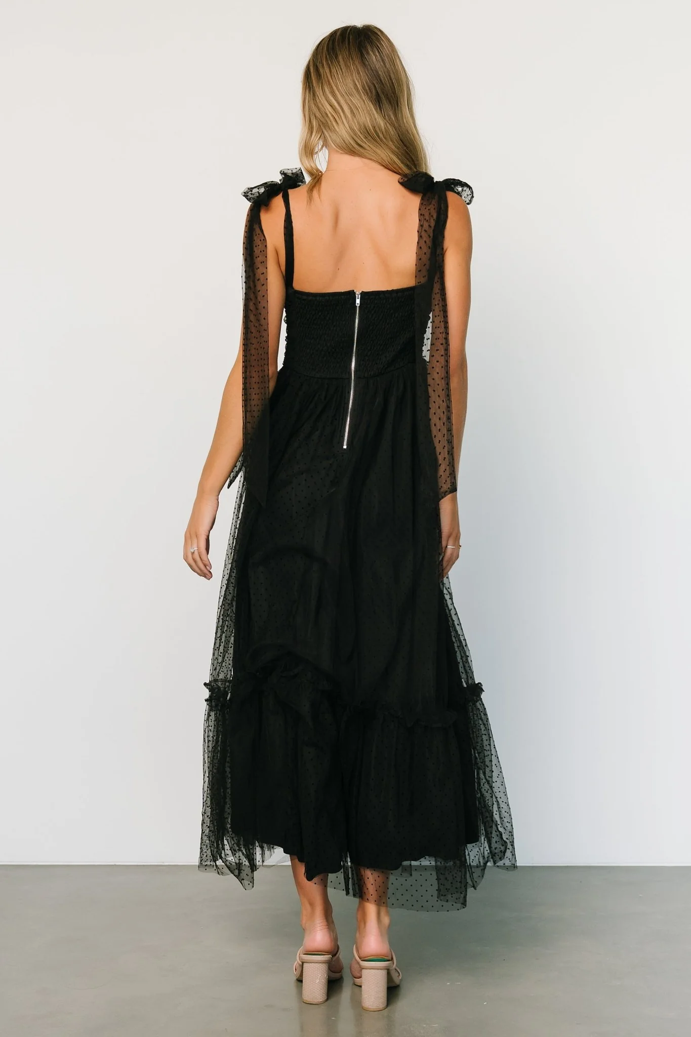 Mavani Swiss Dot Tulle Maxi Dress | Black