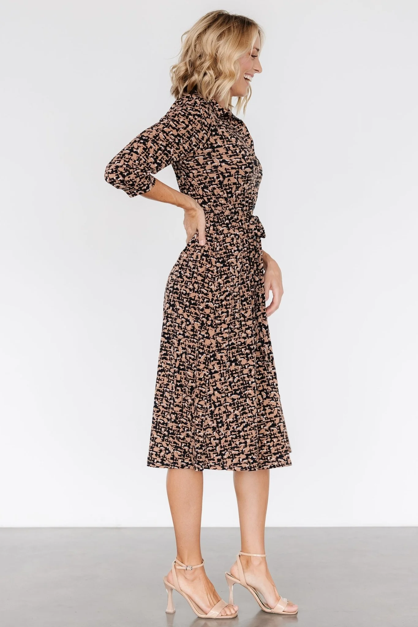 Jenica Midi Dress | Black + Camel Print